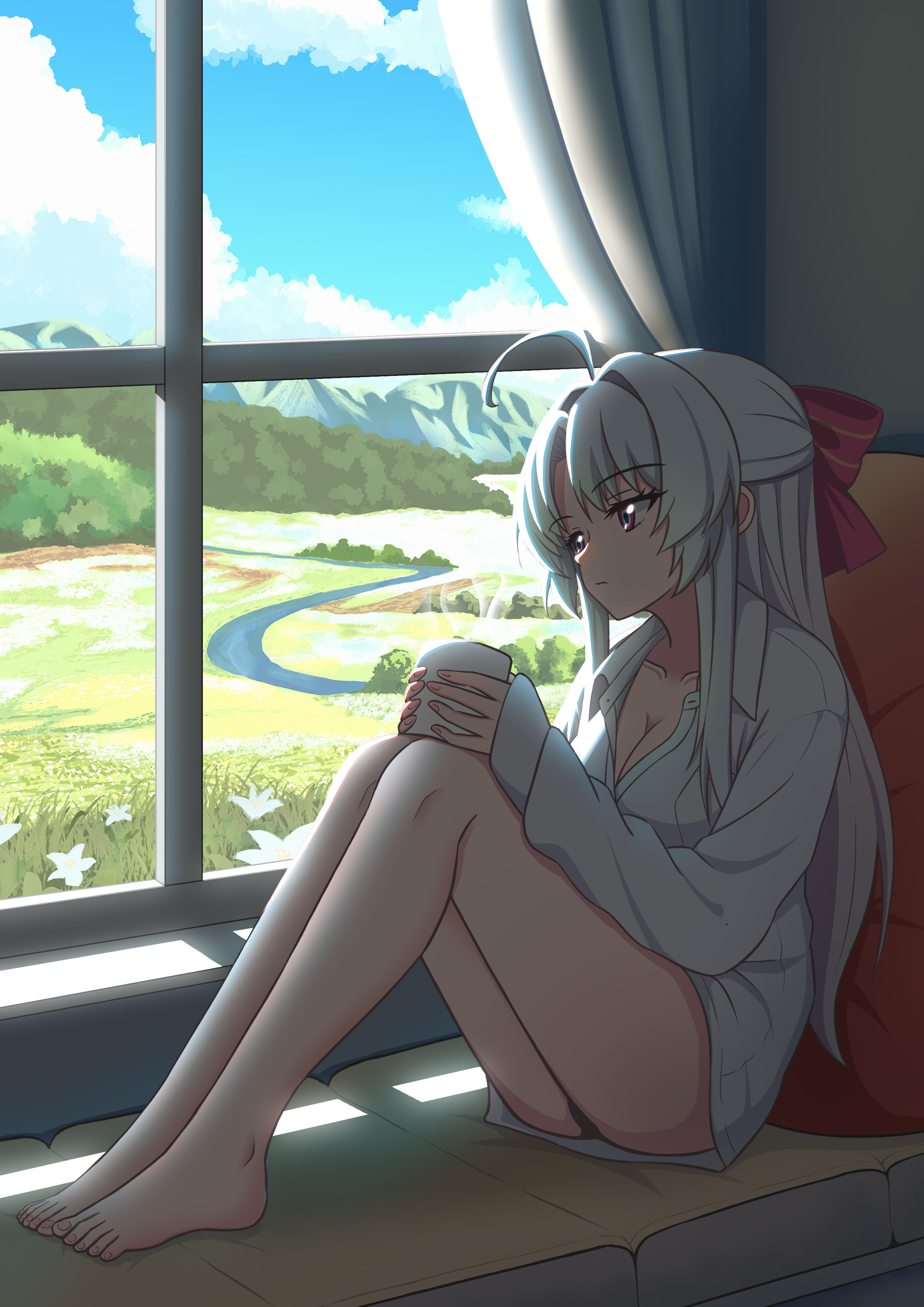 piaoluo de ying huaban, carlotta (wuthering waves), wuthering waves, absurdres, commentary request, highres, 1girl, ahoge, barefoot, black panties, blue sky, bow, breasts, cleavage, collarbone, collared shirt, cup, day, feet, hair bow, holding, holding cup, hot drink, indoors, knees up, legs together, long hair, looking outside, medium breasts, no pants, panties, parted bangs, pink bow, pink eyes, shirt, sitting, sky, solo, thighs, toes, underwear, white hair, white shirt, window