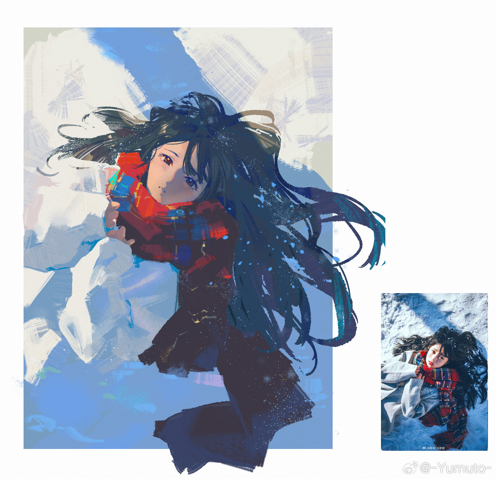 yumuto (spring1786), original, chinese commentary, commentary request, highres, 1girl, black hair, brown eyes, hair spread out, jacket, long hair, lying, on back, red scarf, reference inset, scarf, sleeves past wrists, snow, solo, watermark, weibo watermark, white jacket