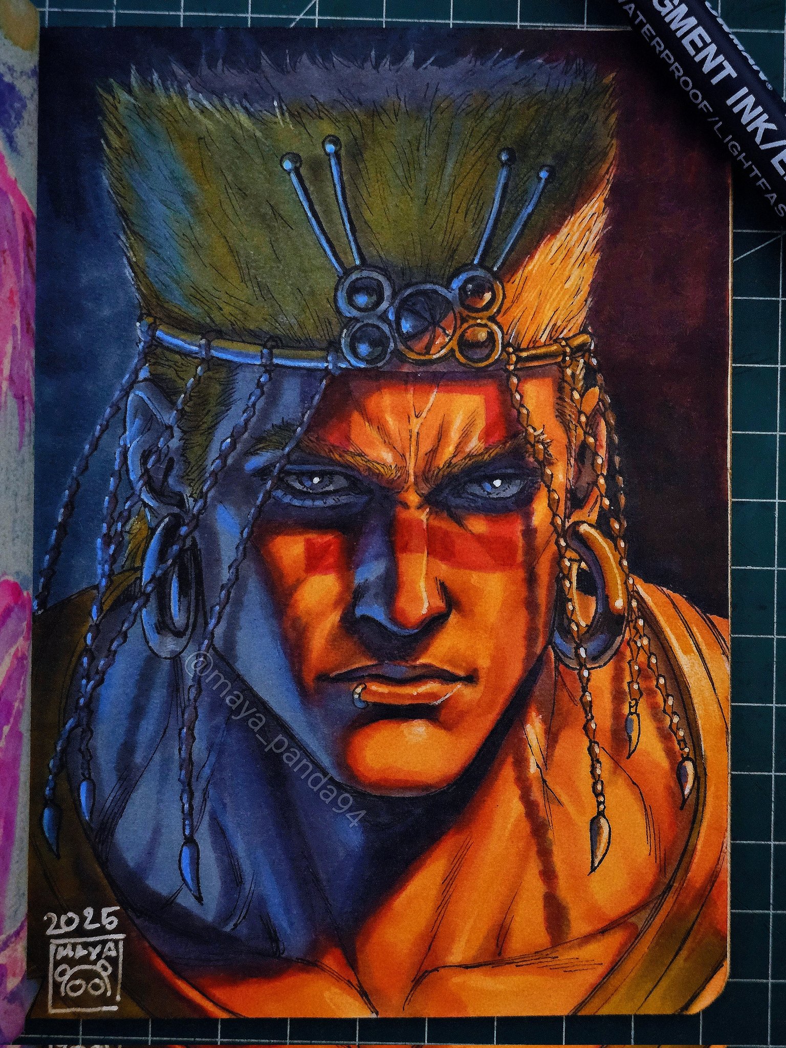 maya panda, wamuu, battle tendency, jojo no kimyou na bouken, commentary, english commentary, highres, marker (medium), photo (medium), traditional media, 1boy, 2025, art tools in frame, blonde hair, blue eyes, collarbone, earrings, face piercing, facepaint, flattop, hoop earrings, jewelry, lip piercing, looking at viewer, male focus, muscular, muscular male, piercing, portrait, serious, solo