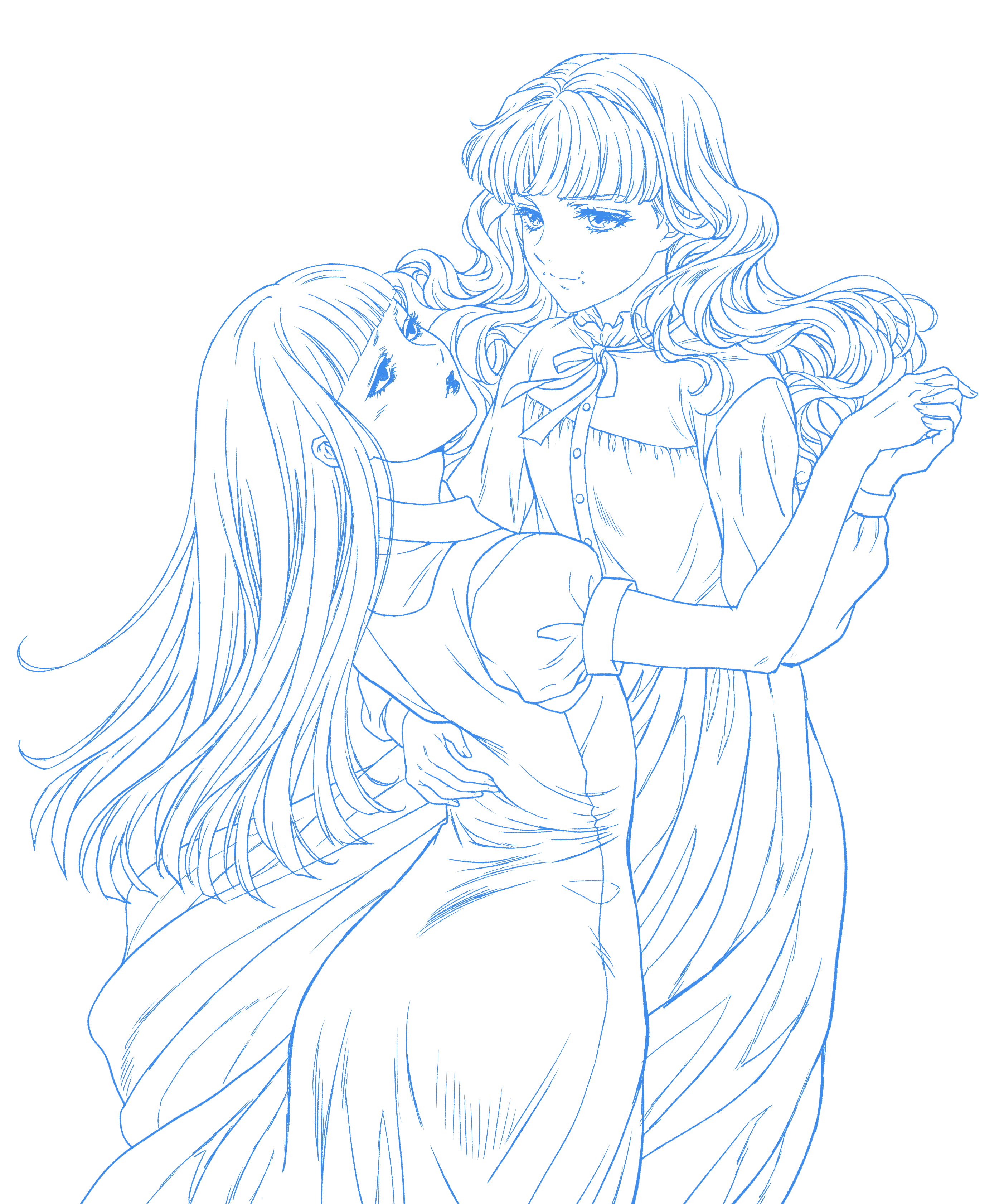 yoshinaga yuki, marina (fear & hunger), samarie (fear & hunger), fear & hunger (series), fear & hunger 2: termina, absurdres, commentary request, highres, 2girls, blunt bangs, closed mouth, dancing, dress, face piercing, frilled shirt collar, frills, holding hands, lineart, lips, long hair, long sleeves, monochrome, mouth piercing, multiple girls, neck ribbon, piercing, pinafore dress, ribbon, short sleeves, simple background, skirt, sleeveless, sleeveless dress, white background, yuri