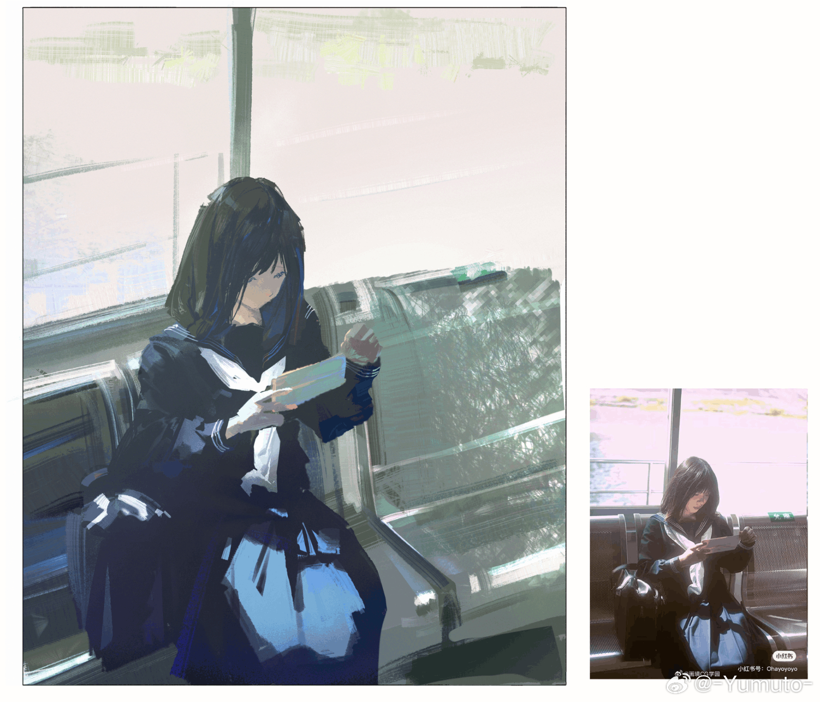yumuto (spring1786), original, chinese commentary, commentary request, highres, 1girl, bag, black hair, black sailor collar, black serafuku, black shirt, black skirt, letter, long sleeves, medium hair, neckerchief, reference inset, sailor collar, school bag, school uniform, serafuku, shirt, sitting, skirt, solo, watermark, weibo watermark, white neckerchief