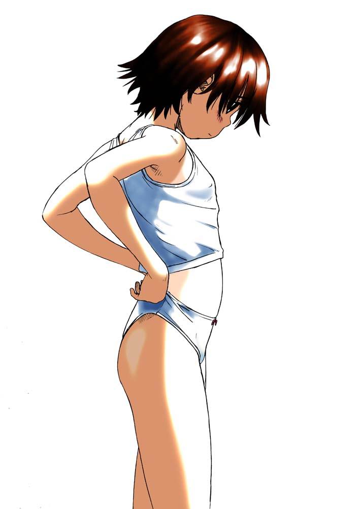 wang-pac, 1girl, blush, bow, bow panties, brown hair, female focus, flat chest, looking down, midriff, panties, panty pull, self wedgie, shirt, short hair, solo, standing, tank top, underwear, wedgie, white background, white panties, white shirt