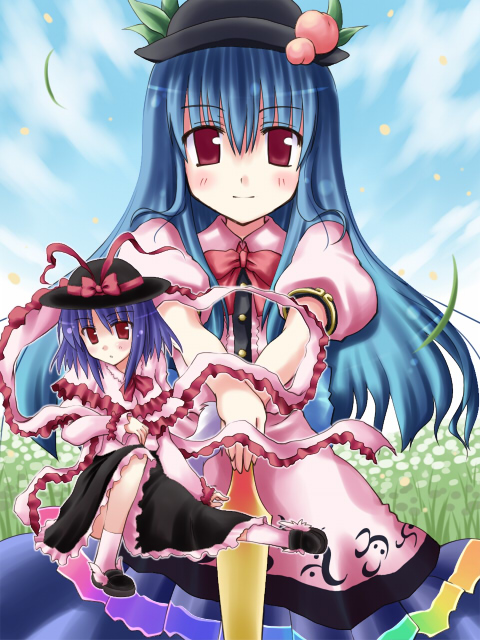 creaholic, toshihiro, hinanawi tenshi, nagae iku, touhou, 2girls, blue hair, female focus, food, fruit, hat, long hair, multiple girls, peach, purple hair, ribbon, short hair, sword, sword of hisou, weapon