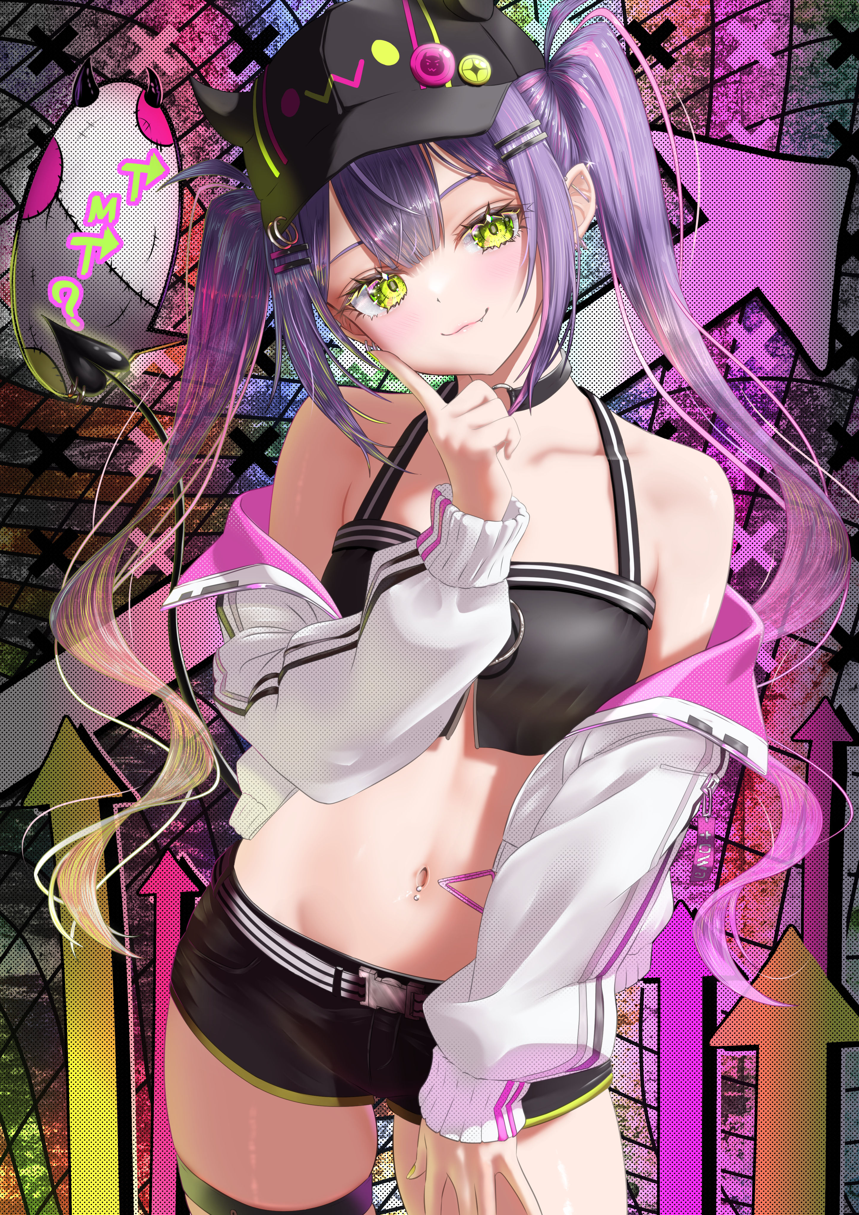 nanaki24, bibi (tokoyami towa), tokoyami towa, tokoyami towa (1st costume), hololive, absurdres, commentary, highres, 1girl, :3, bare shoulders, baseball cap, belt, black choker, black hat, black shirt, black shorts, choker, closed mouth, cowboy shot, crop top, cropped jacket, ear piercing, fang, finger to cheek, gradient hair, green eyes, grin, hair ornament, hairclip, hand on own thigh, hand up, hat, head tilt, horned hat, jacket, jacket partially removed, long hair, long sleeves, looking at viewer, midriff, multicolored hair, navel, navel piercing, off shoulder, open clothes, open jacket, piercing, pointy ears, purple hair, shirt, short shorts, shorts, sidelocks, sleeveless, sleeveless shirt, smile, solo, stomach, thigh strap, thighs, twintails, very long hair, wavy hair, white jacket