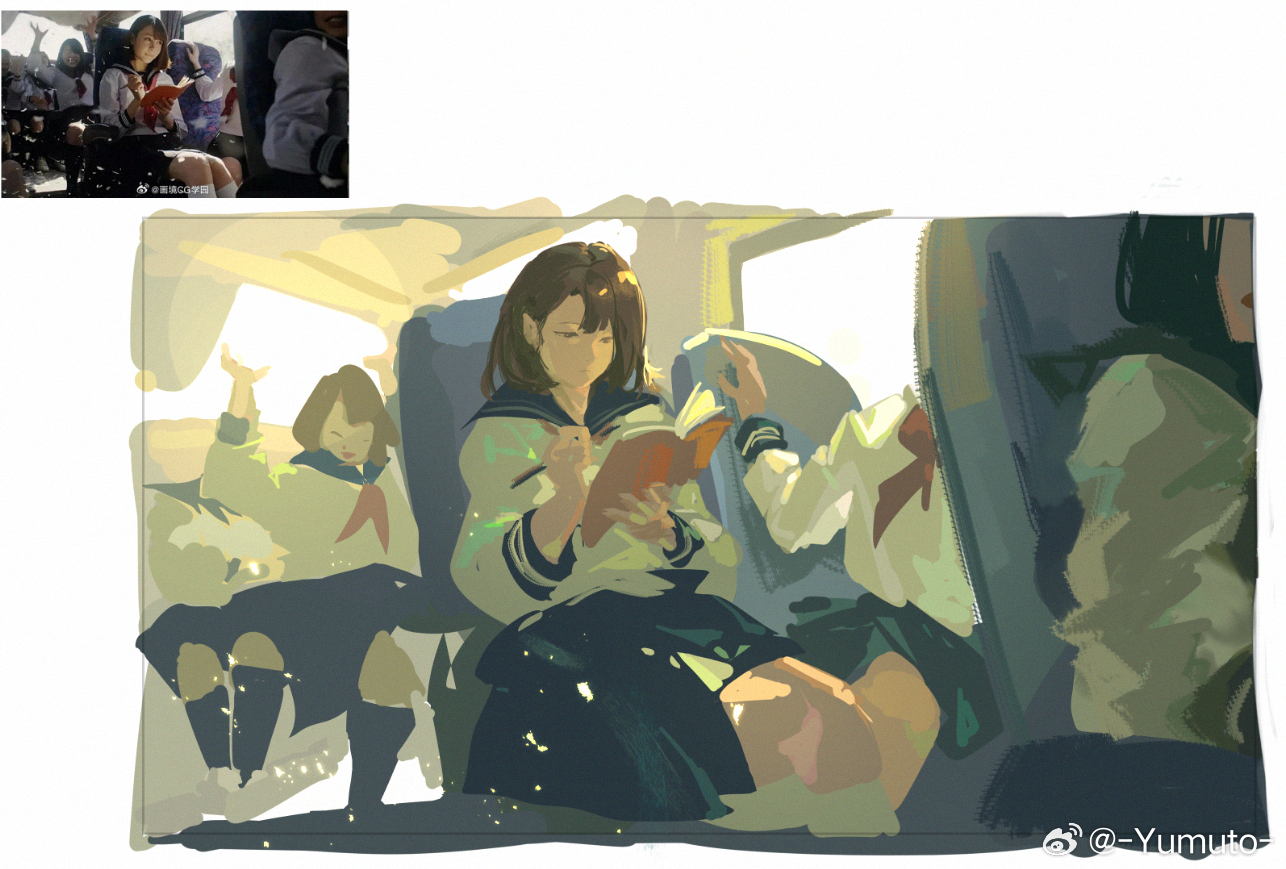 yumuto (spring1786), original, chinese commentary, commentary request, 5girls, blue neckerchief, blue skirt, brown hair, holding, holding pen, multiple girls, neckerchief, pen, reference inset, school uniform, serafuku, short hair, sketch, skirt, vehicle interior, watermark, weibo watermark