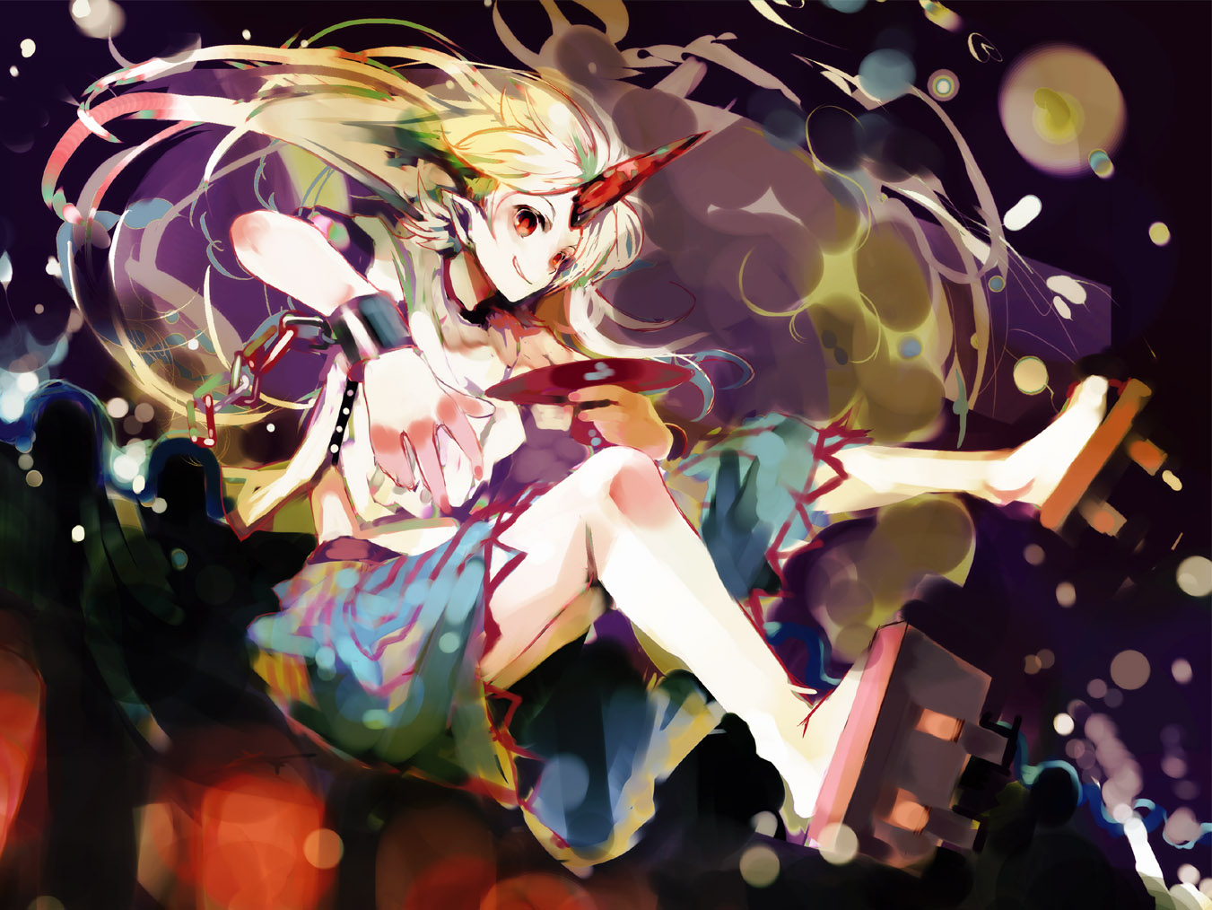 nokishita, hoshiguma yuugi, touhou, bad id, bad pixiv id, 1girl, blonde hair, chain, choko (cup), cup, female focus, full body, horns, jumping, long hair, pointy ears, red eyes, single horn, solo, water droplets