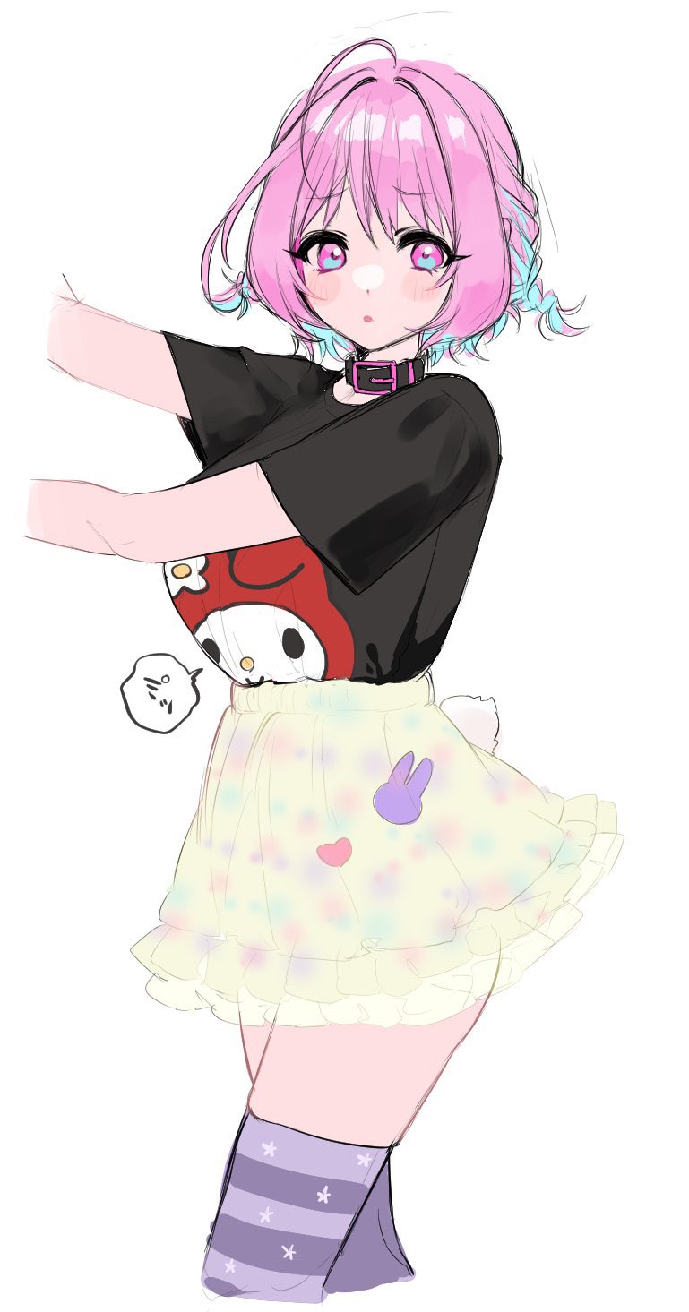 woruka, yumemi riamu, idolmaster, idolmaster cinderella girls, highres, 1girl, ahoge, black shirt, blue hair, blush, braid, breasts, collar, cropped legs, large breasts, looking at viewer, medium hair, multicolored hair, pink eyes, pink hair, print shirt, purple thighhighs, rabbit tail, shirt, shirt tucked in, short sleeves, skirt, solo, star (symbol), star print, striped clothes, striped thighhighs, tail, thighhighs, thighs, two-tone hair, yellow skirt