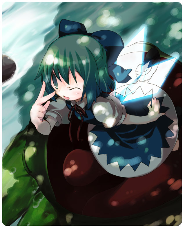 kosori (dennoukitan), yuugi, cirno, embodiment of scarlet devil, touhou, 1girl, blue hair, female focus, flying, ribbon, short hair, solo, wings