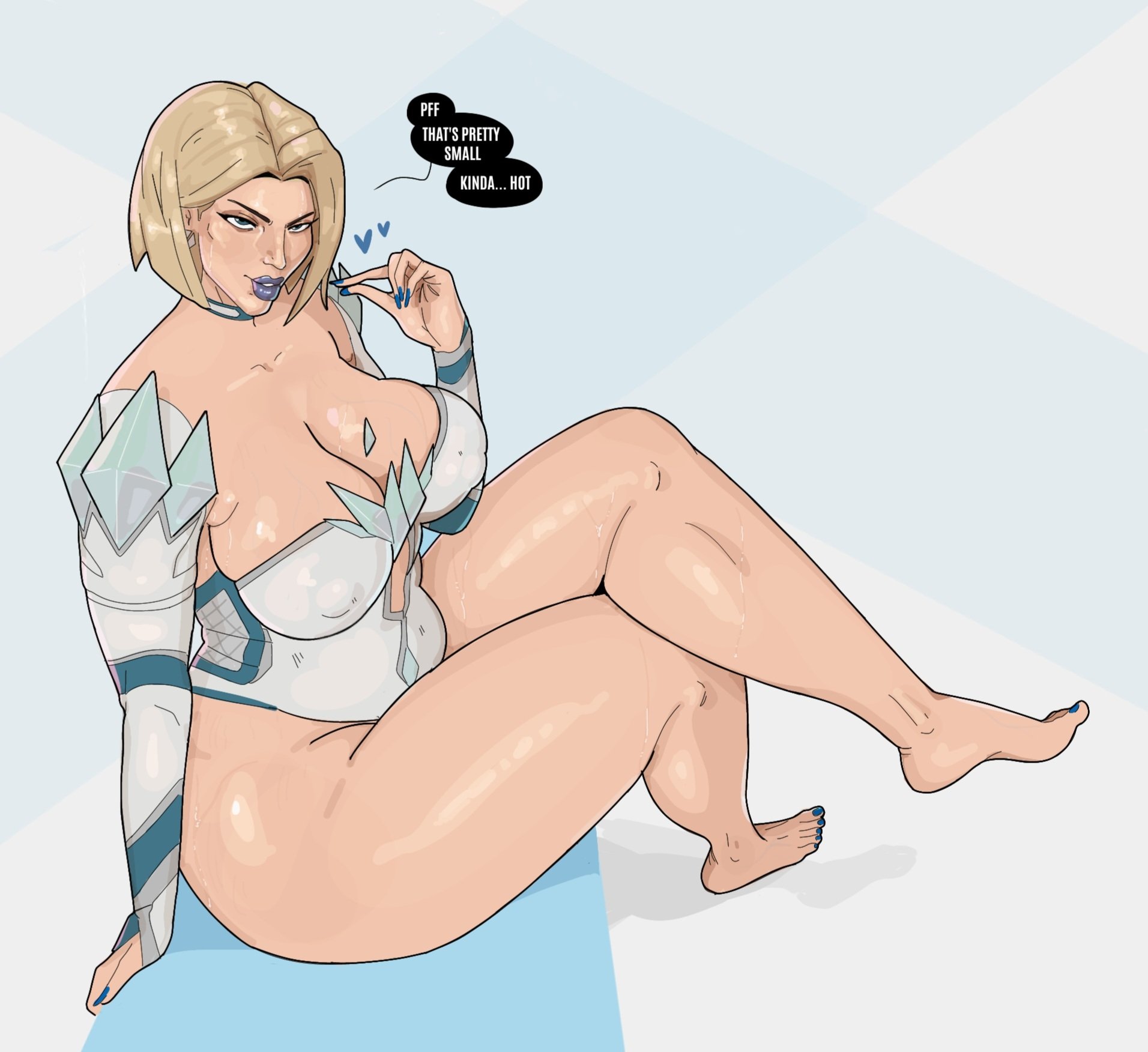 crullett, emma frost, marvel, marvel rivals, x-men, highres, 1boy, 1girl, barefoot, blonde hair, blue eyes, breasts, cleavage, english text, humiliation, large breasts, pinching gesture, short hair, sitting, small penis humiliation, solo, speech bubble