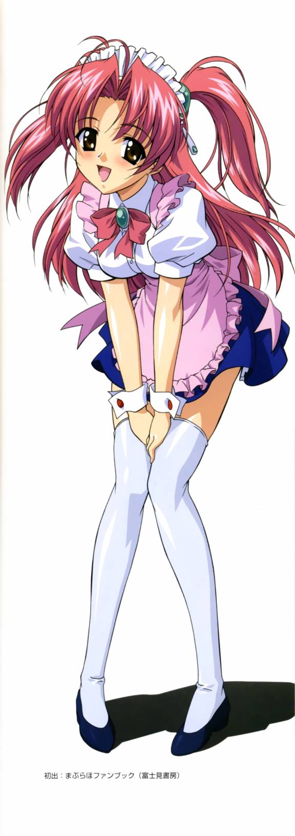 miyama yuuna, maburaho, highres, 00s, apron, blush, bow, maid, maid apron, red hair, solo, thighhighs, twintails, waitress, wrist cuffs, zettai ryouiki