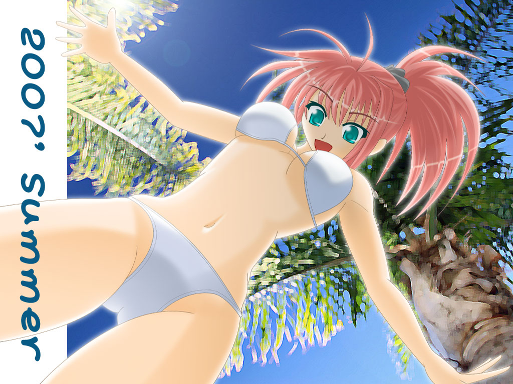takekura, bikini, day, green eyes, ponytail, red hair, sky, solo, swimsuit, tree, white bikini