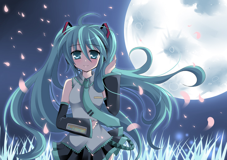 kokonogi kisara, hatsune miku, vocaloid, 1girl, aqua hair, blush, female focus, long hair, moon, night, night sky, petals, ribbon, sky, smile, solo, twintails
