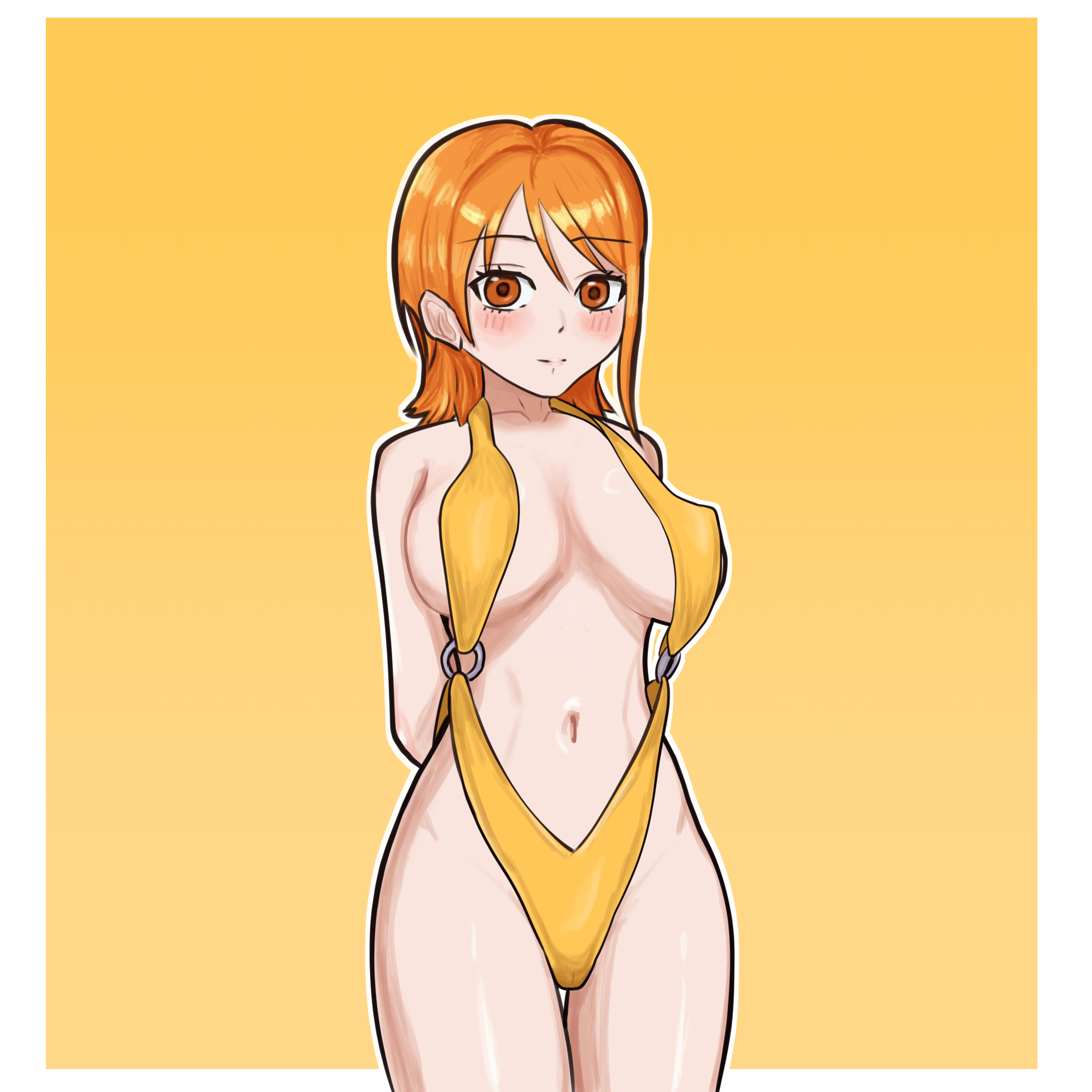 nami (one piece), original, absurdres, highres, non-web source, 1girl, bare shoulders, blush, breasts, large breasts, looking at viewer, short hair, simple background, smile, standing, swimsuit, upper body