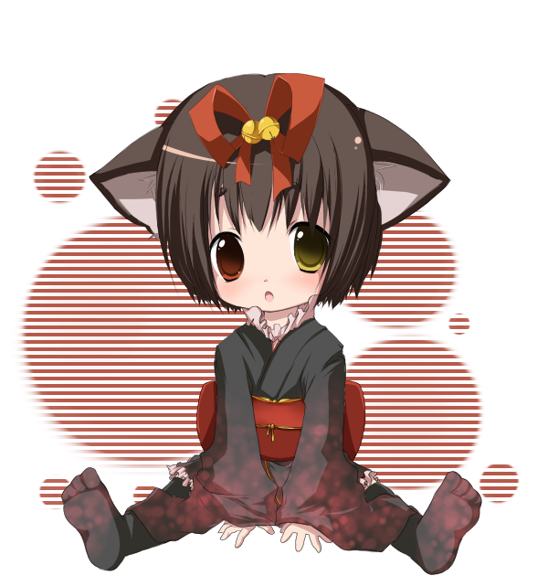 kosumo, 1girl, :o, animal ears, bell, black hair, black pantyhose, cat ears, child, feet, female focus, hair ribbon, heterochromia, japanese clothes, jingle bell, looking at viewer, obi, pantyhose, red eyes, ribbon, sash, short hair, sitting, socks, soles, solo, spread legs, yellow eyes