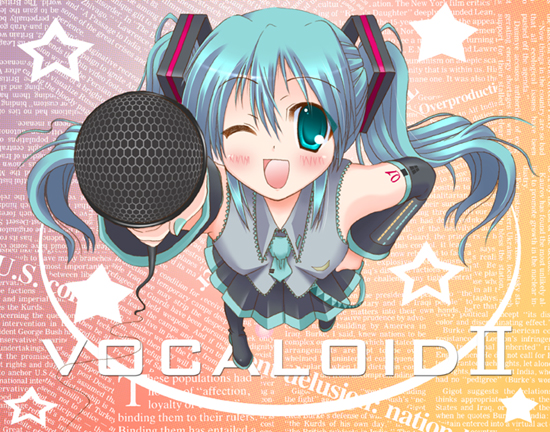 hatsune miku, vocaloid, 1girl, blue hair, female focus, microphone, one eye closed, solo, thighhighs, twintails, wink
