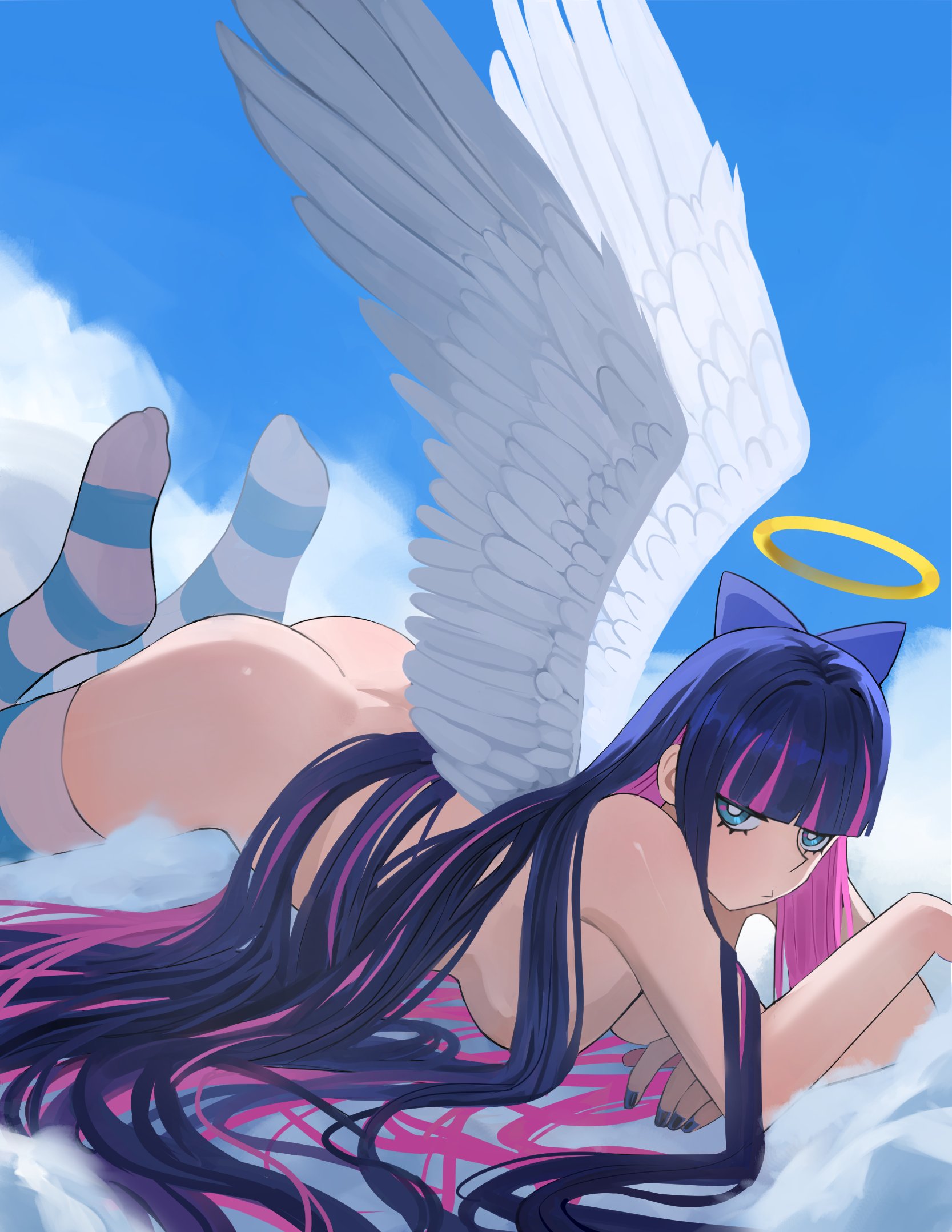 jourd4n, stocking (psg), panty & stocking with garterbelt, highres, 1girl, angel wings, ass, blue thighhighs, blunt bangs, bow, breasts, bright pupils, cloud, feathered wings, hair bow, hair censor, halo, large breasts, long hair, looking at viewer, lying, multicolored hair, nail polish, no shoes, nude, on stomach, pink hair, solo, striped clothes, striped thighhighs, thighhighs, thighs, two-tone hair, very long hair, white pupils, wings