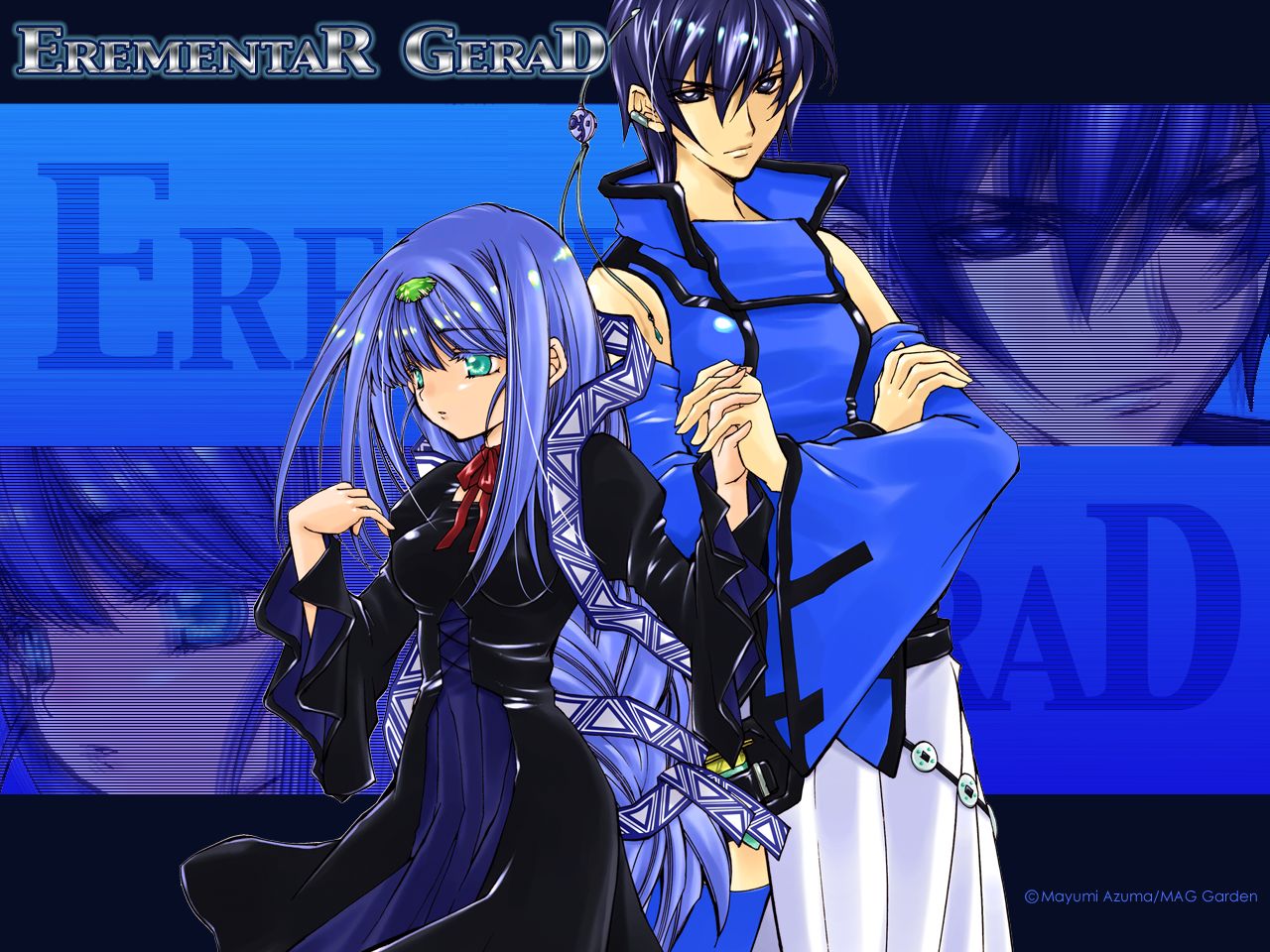 azuma mayumi, jeen, reverie metherlence, elemental gelade, erementar gerad ao no senki, erementar gerad flag of blue sky, 00s, 1boy, 1girl, blue hair, dress, green eyes, long hair, short hair, zoom layer