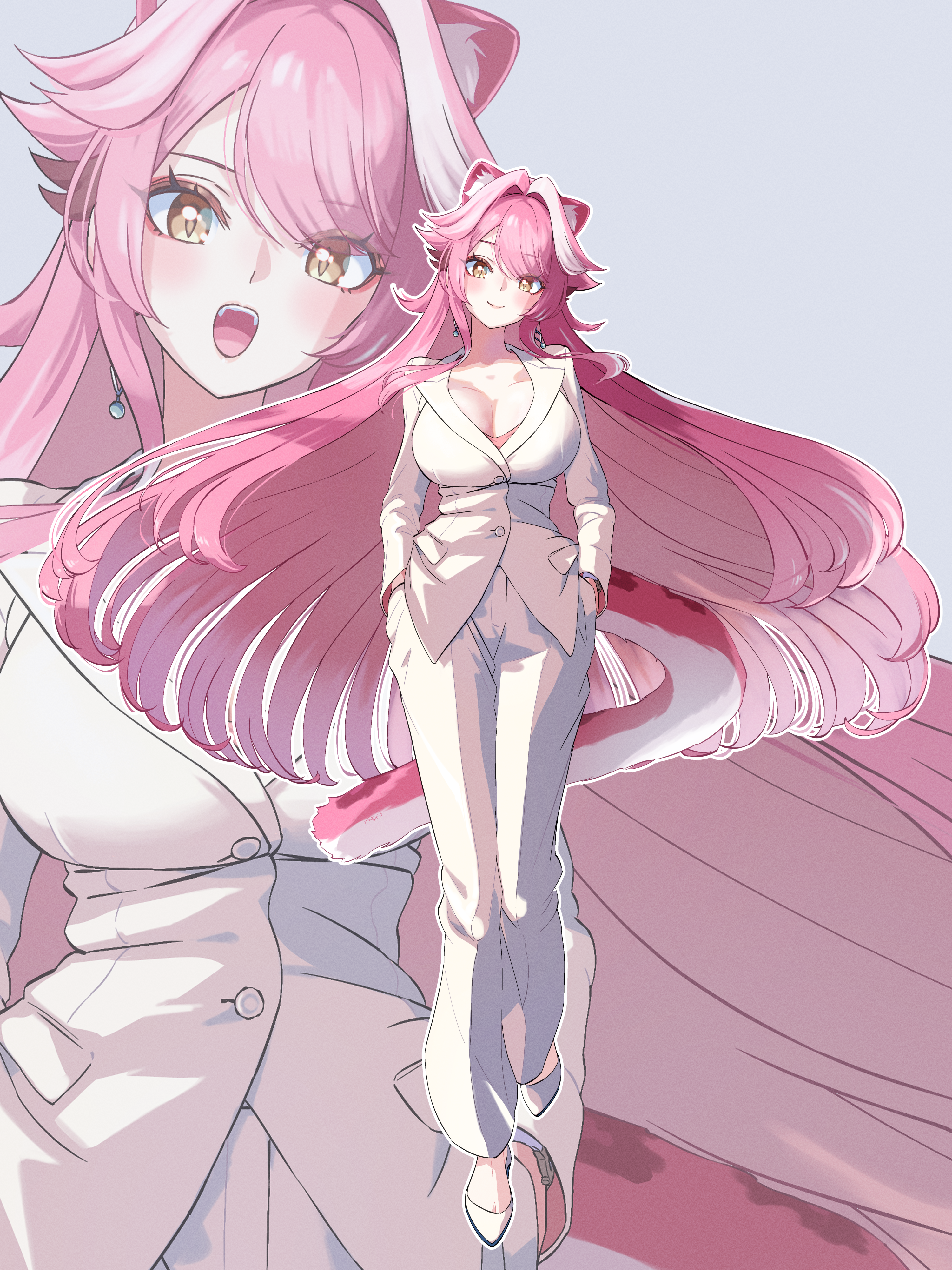 fueppu, raora panthera, hololive, hololive english, absurdres, highres, 1girl, alternate costume, animal ears, breasts, center-flap bangs, double-parted bangs, earrings, extra ears, formal clothes, full body, grey background, hands in pockets, jacket, jewelry, large breasts, long hair, looking at viewer, multicolored hair, pant suit, panther ears, panther girl, panther tail, pants, pink hair, shoes, smile, streaked hair, suit, suit jacket, tail, very long hair, virtual youtuber, white hair, white jacket, white pants, white shoes, yellow eyes, zoom layer