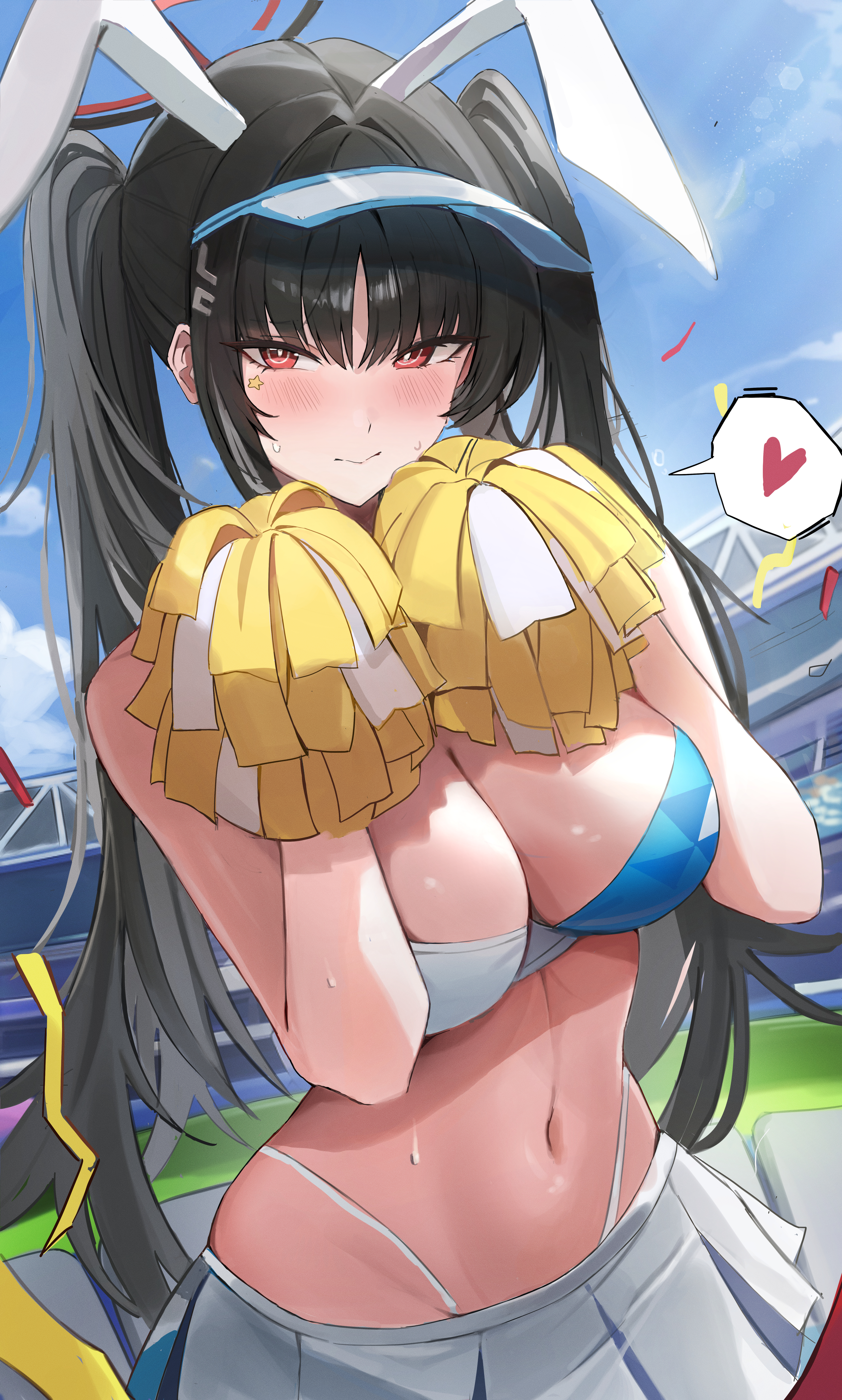 rimmon, rio (blue archive), blue archive, absurdres, highres, 1girl, animal ears, bikini, black hair, black halo, blue sky, blush, breasts, cheerleader, cleavage, cloud, day, halo, holding, holding pom poms, large breasts, millennium cheerleader outfit (blue archive), miniskirt, navel, outdoors, panty straps, pom pom (cheerleading), pom poms, rabbit ears, red eyes, skirt, sky, solo, stadium, stomach, swimsuit, twintails, visor cap