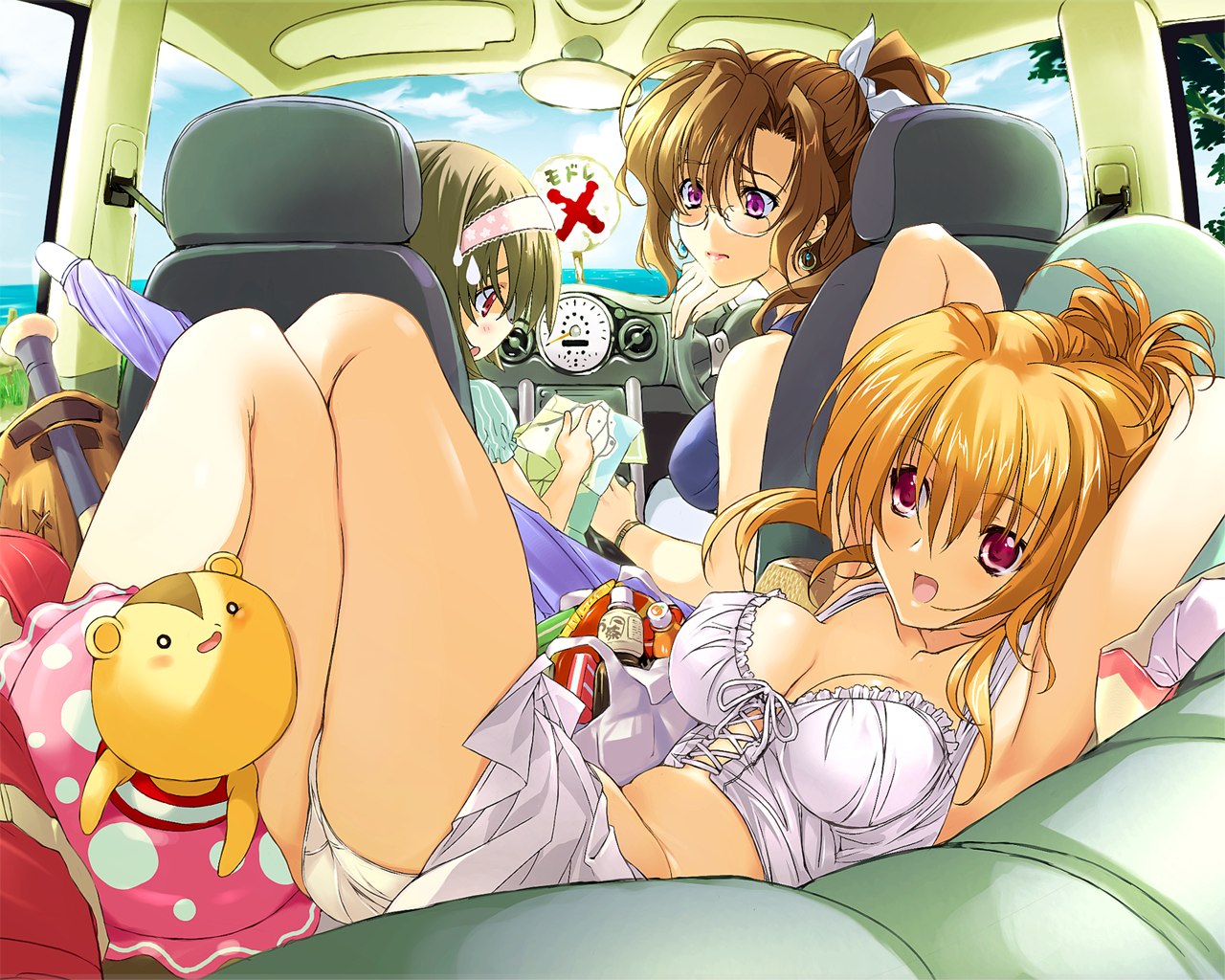 artist request, source request, blonde hair, brown hair, car, car interior, earrings, jewelry, lingerie, motor vehicle, ocean, panties, ponytail, ribbon, short hair, sky, tree, umbrella, underwear