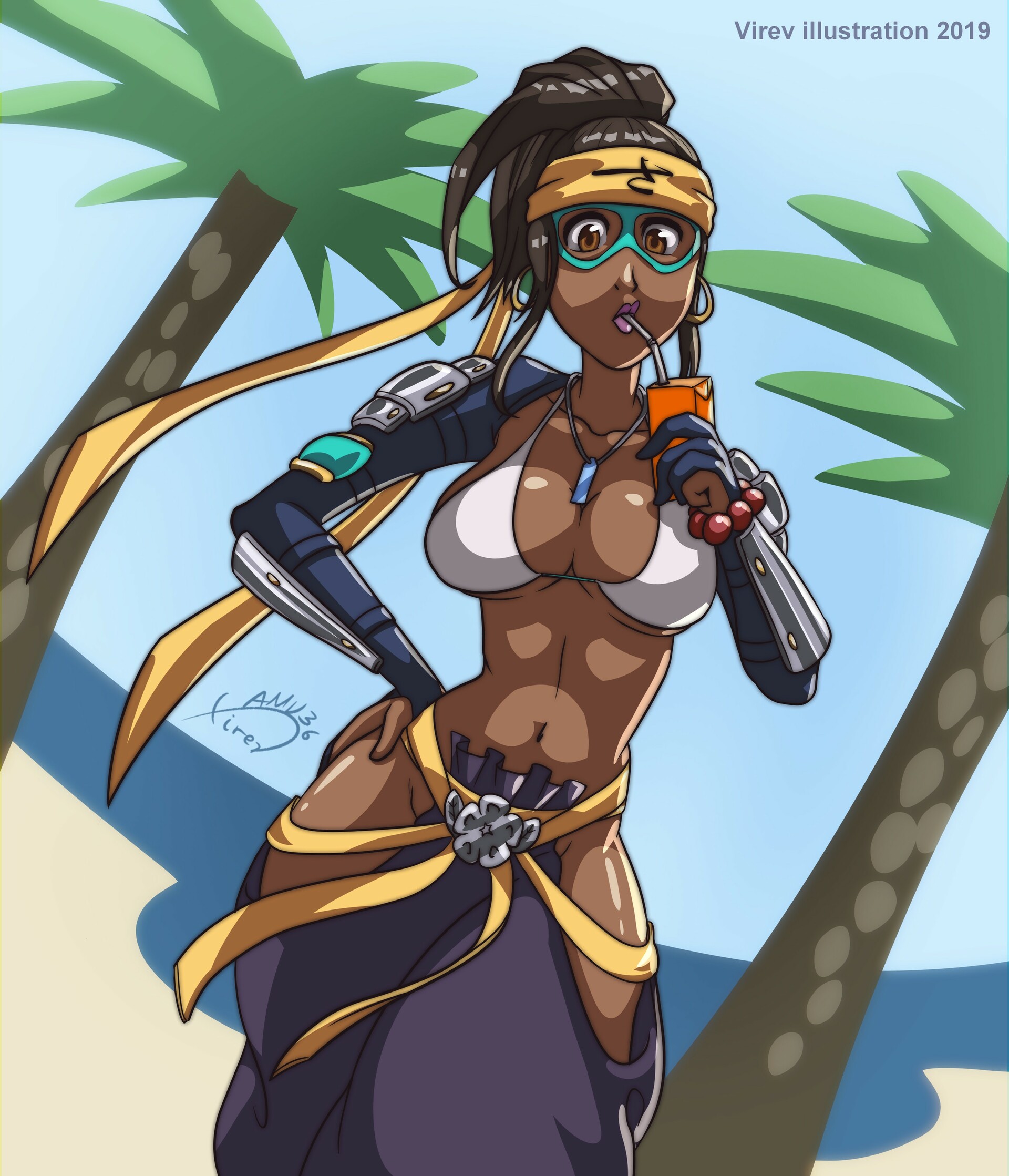 zarina, snk heroines: tag team frenzy, the king of fighters, 1girl, beach, bikini, bikini top only, breasts, brown eyes, brown hair, curvy, dark-skinned female, dark skin, gloves, huge breasts, large breasts, long hair, looking at viewer, ninja, outdoors, standing, swimsuit, thick thighs, thighs, tight clothes, tree, underboob, virev, virev art, virev illustation, water, wide hips