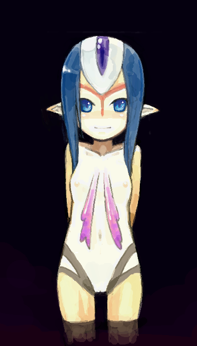 oguchi, mutio, ao no roku-gou, bad id, bad pixiv id, 1girl, blue eyes, blue hair, colored skin, female focus, flat chest, loli, matching hair/eyes, monster girl, multicolored skin, nipples, nude, pointy ears, simple background, smile, solo, standing, white skin, yellow skin