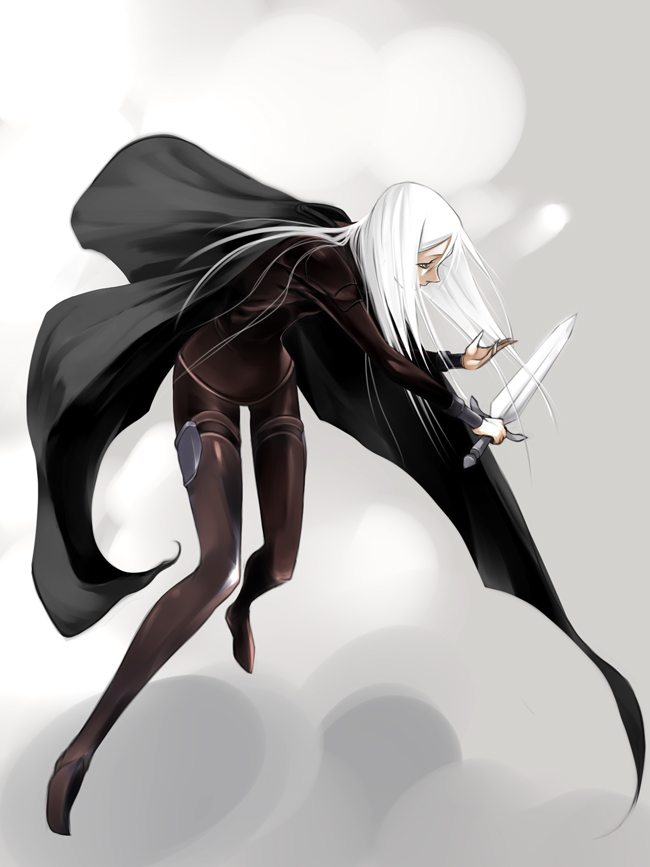 yama, yuma (claymore), claymore (series), 00s, 1girl, armor, claymore (sword), cloak, female focus, solo, sword, weapon, white hair