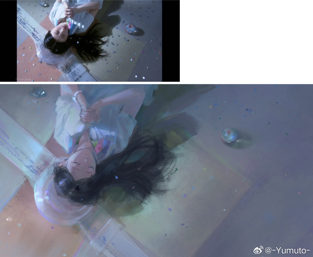 yumuto (spring1786), original, chinese commentary, commentary request, 1girl, black hair, closed eyes, interlocked fingers, long hair, lying, on back, own hands clasped, own hands together, reference inset, shirt, short hair, solo, watermark, weibo watermark, white shirt