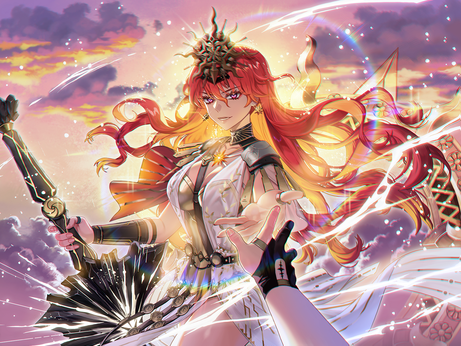 augusta (wuthering waves), female rover (wuthering waves), rover (wuthering waves), wuthering waves, commentary request, 2girls, ancient greek clothes, arm armor, armor, black collar, black gloves, breastplate, breasts, chromatic aberration, cleavage, collar, collarbone, dress, earrings, female pov, fingernails, gloves, greatsword, greco-roman clothes, hair between eyes, hair spread out, headgear, holding, holding sword, holding weapon, jewelry, large breasts, long hair, looking at viewer, mochiru119, multiple girls, offering hand, orange hair, parted lips, partially fingerless gloves, pov, pov hands, reaching, reaching towards another, red eyes, smile, solo focus, sun earrings, sun necklace, sword, tacet mark (wuthering waves), wavy hair, weapon, white dress
