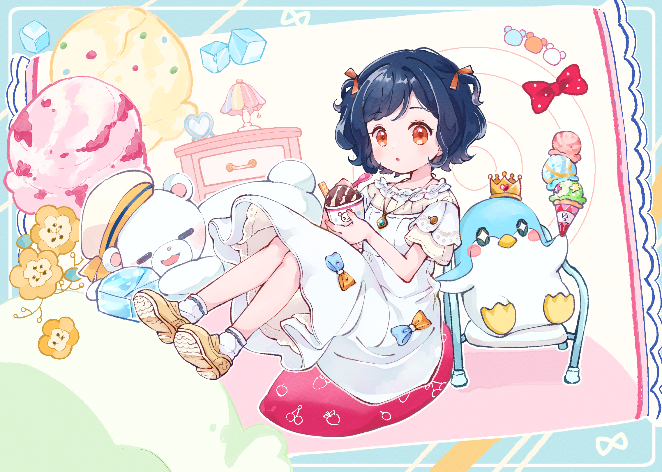 hacosumi, original, commentary request, highres, 1girl, :o, bird, blue hair, bow, chest of drawers, crown, cup, disposable cup, dress, dress bow, food, full body, hair ribbon, holding, holding cup, holding ice cream cone, holding spoon, ice cream, ice cream cone, jewelry, knees up, lamp, looking at viewer, multicolored bow, necklace, orange eyes, orange ribbon, parted bangs, parted lips, penguin, petticoat, ribbon, shoes, short hair, short sleeves, sitting, socks, spoon, stuffed animal, stuffed toy, teddy bear, wavy hair, white dress, white socks, yellow shoes