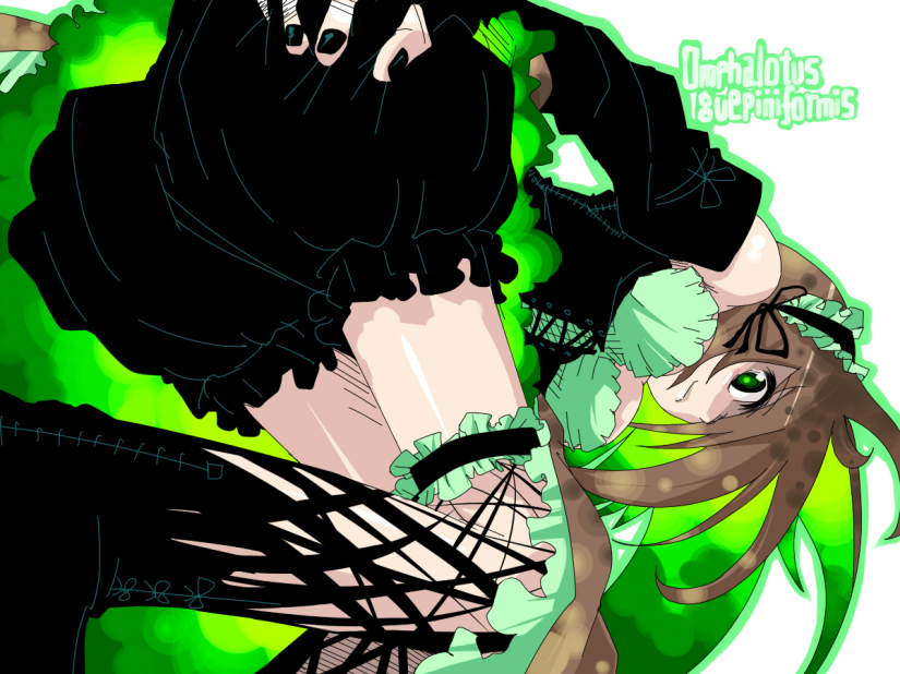 oso (toolate), omphalotus guepiniformis, omphalotus japonicus, original, oso-teki kinoko gijinka zukan, 1girl, bare shoulders, black nails, bloomers, boots, brown hair, clothes lift, detached sleeves, dress, female focus, green eyes, green hair, hair over one eye, long hair, matching hair/eyes, mushroom, nail polish, personification, skirt, skirt lift, solo, thighhighs, underwear