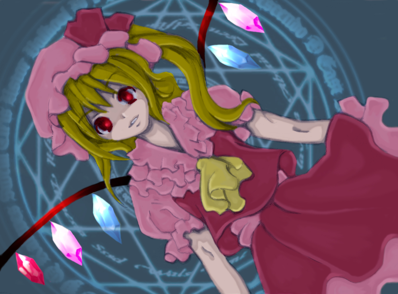 bi yuzu, flandre scarlet, touhou, bad id, bad pixiv id, 1girl, blonde hair, female focus, hat, mob cap, ponytail, ribbon, short hair, solo, wings