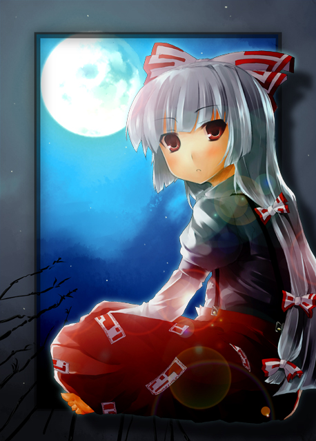 teru teru, fujiwara no mokou, touhou, bad id, bad pixiv id, 1girl, female focus, indoors, lens flare, long hair, moon, ribbon, sitting, sky, solo, white hair