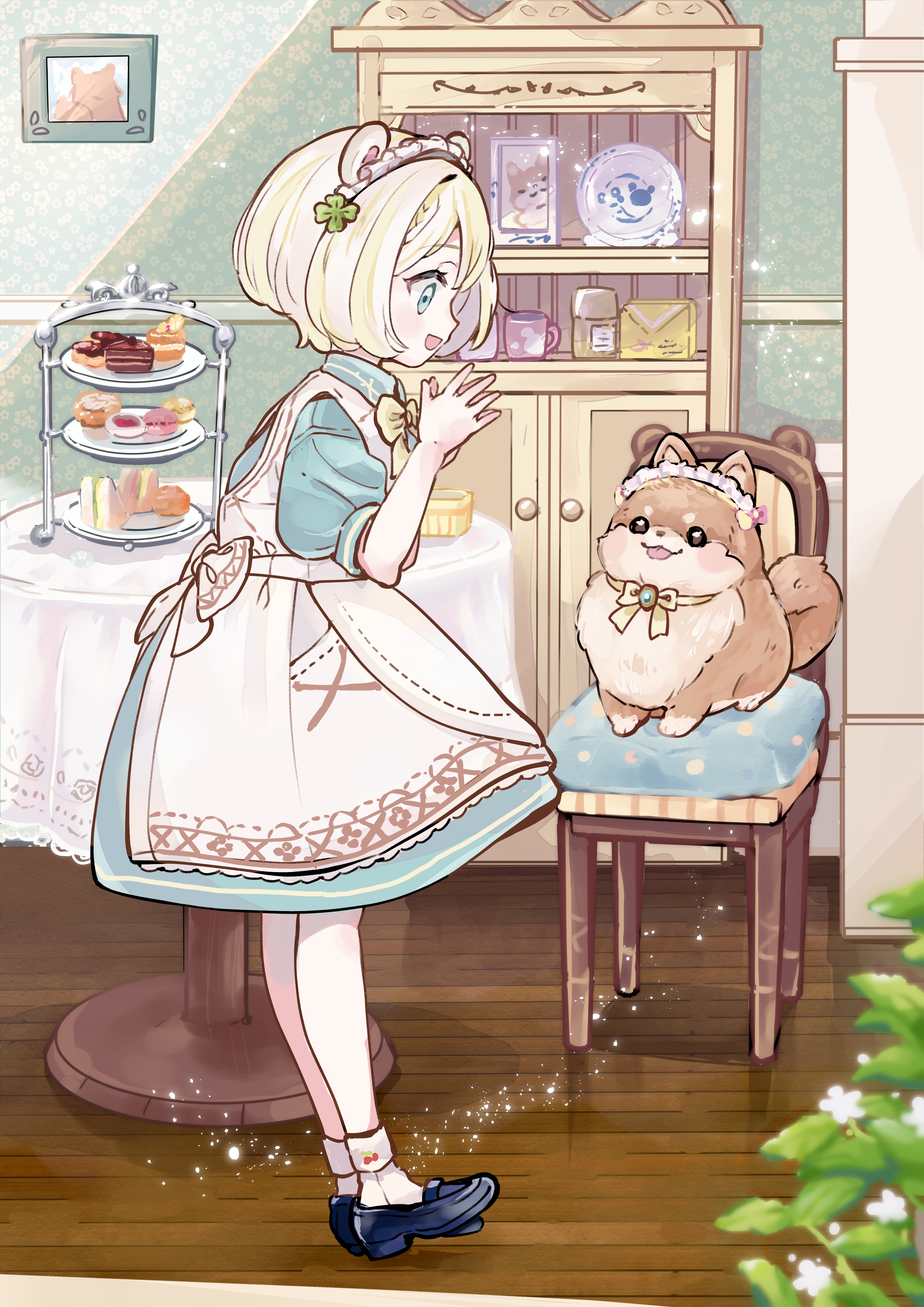 hacosumi, original, absurdres, commentary request, highres, 1girl, animal, apron, aqua dress, aqua eyes, black shoes, blonde hair, bob cut, bow, bowtie, cake, chair, dog, dress, food, from side, full body, hands up, maid, maid apron, maid headdress, medium dress, own hands together, pet, picture frame, shoes, short hair, short sleeves, slice of life, socks, solo, standing, sweets, table, tablecloth, tea party, wallpaper (object), white apron, white socks, wooden floor, yellow bow, yellow bowtie