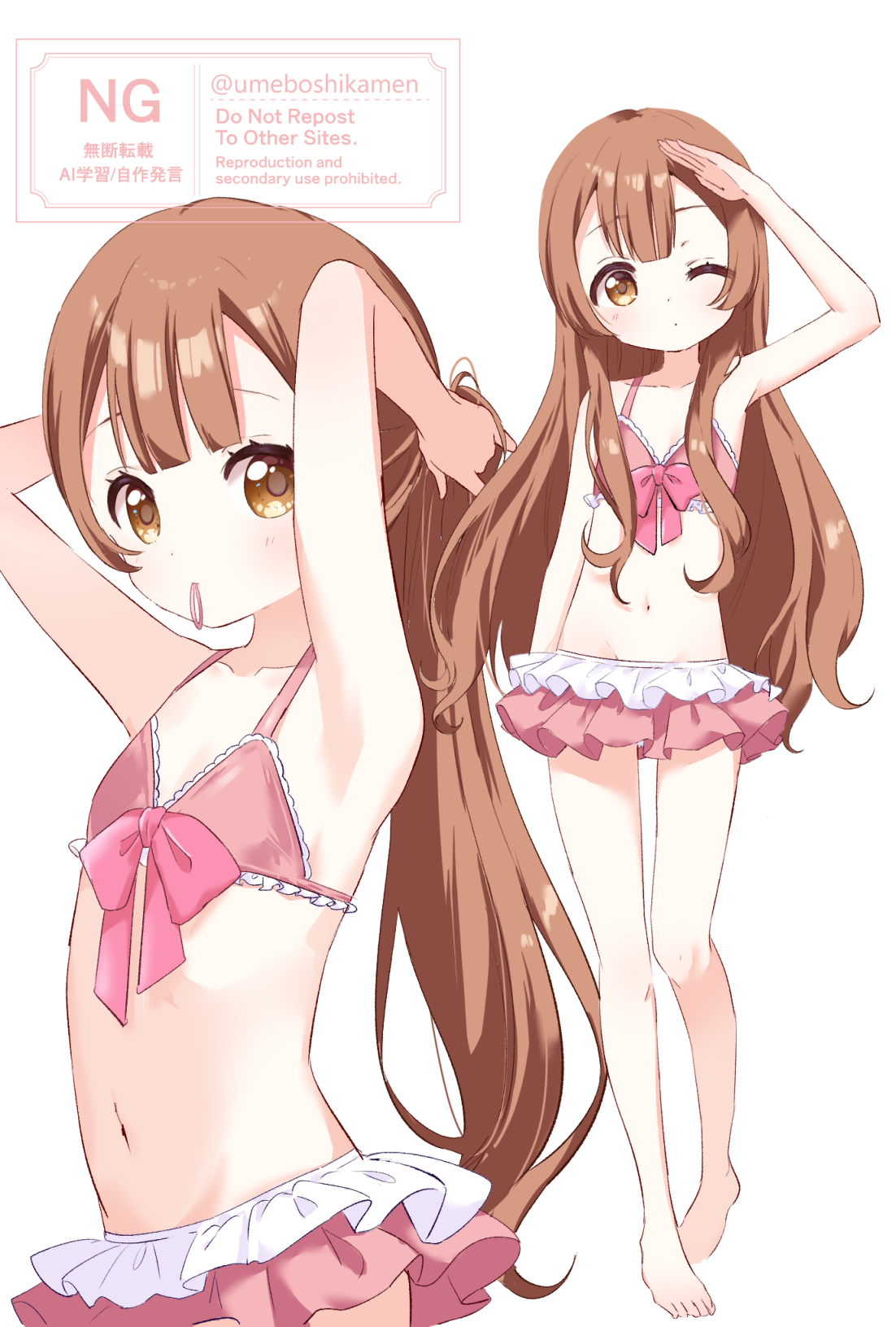 mearian, oomuro hanako, yuruyuri, commentary request, highres, 1girl, arm up, barefoot, bikini, blush, brown eyes, brown hair, closed mouth, collarbone, flat chest, full body, hair tie, hair tie in mouth, long hair, looking at viewer, mouth hold, multiple views, navel, pink bikini, simple background, standing, swimsuit, tying hair, watermark, white background