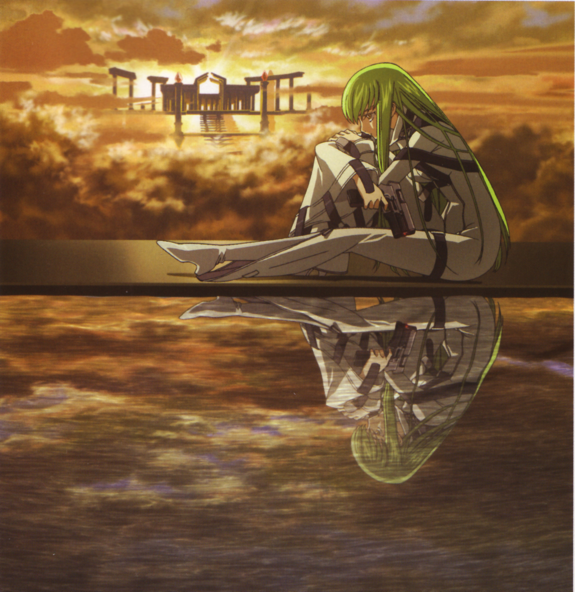 c.c., code geass, highres, 00s, boots, cloud, green hair, gun, handgun, high heels, long hair, reflection, reflective water, shoes, solo, straitjacket, water, weapon, yellow eyes