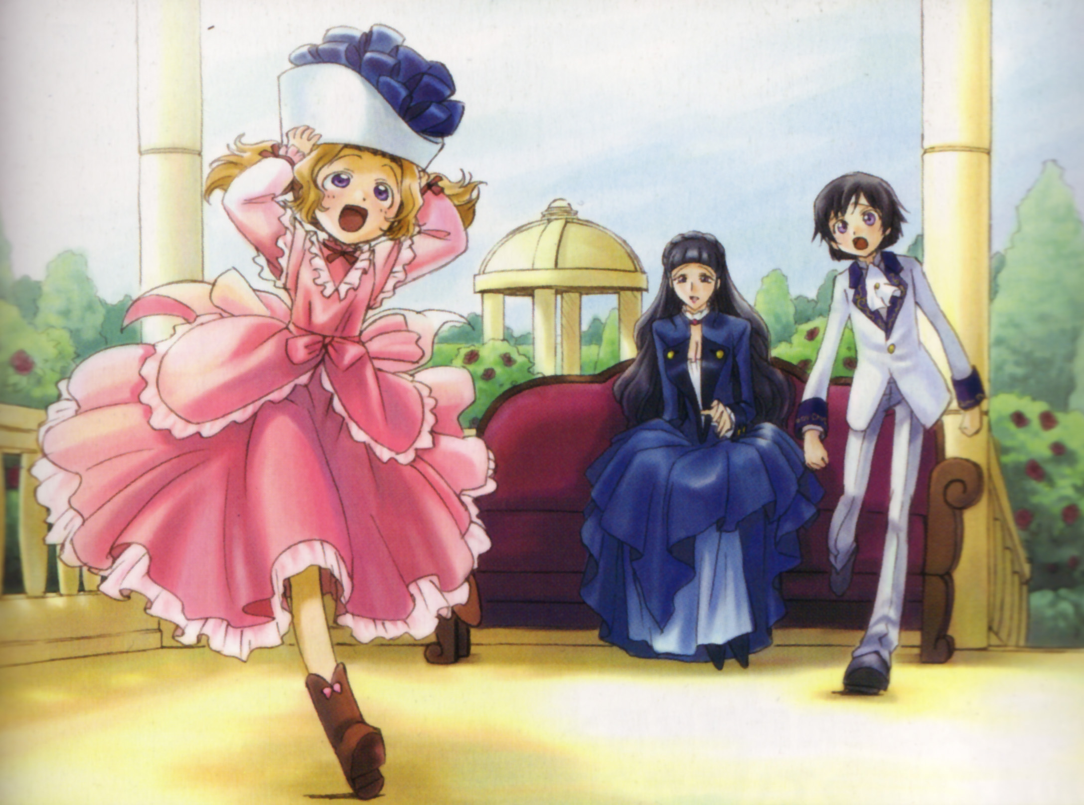 lelouch vi britannia, marianne vi britannia, nunnally vi britannia, code geass, highres, scan, 00s, 1boy, 2girls, brother and sister, dress, family, formal clothes, hat, mother and daughter, mother and son, multiple girls, siblings