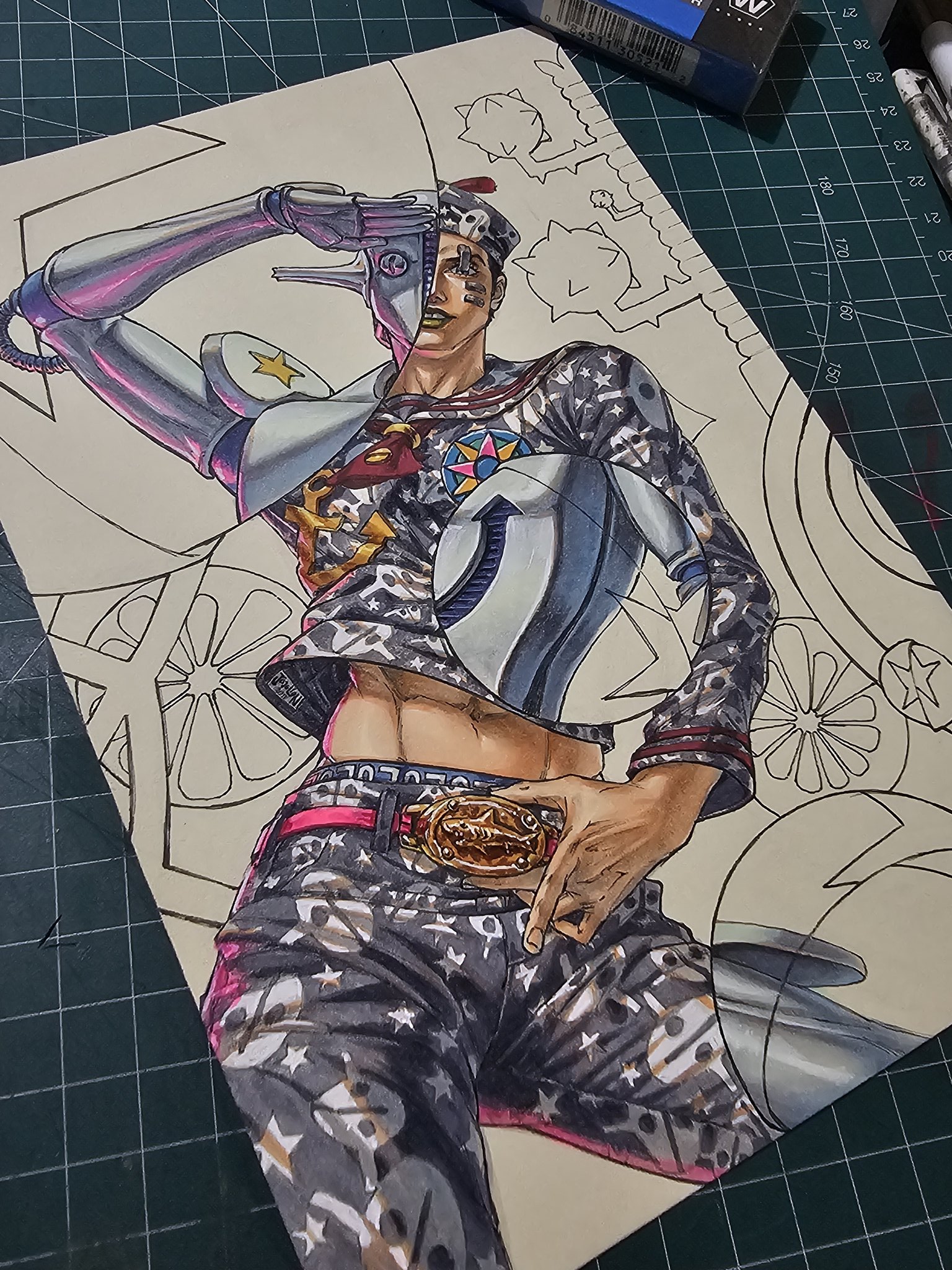 maya panda, higashikata josuke (jojolion), soft & wet, jojo no kimyou na bouken, jojolion, commentary, english commentary, highres, marker (medium), photo (medium), traditional media, unfinished, 1boy, 1other, abs, anchor ornament, armor, art tools in frame, belt, belt buckle, bubble, buckle, character print, compass rose, dixie cup hat, facial mark, fish ornament, green lips, grey hat, grey pants, grey sailor collar, grey shirt, hat, humanoid robot, locacaca, long sleeves, makeup, male focus, marker, midriff, military hat, navel, neckerchief, official alternate costume, pants, pink belt, red neckerchief, robot, rock, sailor, sailor collar, sailor hat, salute, shirt, shoulder armor, solo, split theme, stand (jojo), star (symbol), star print, teeth