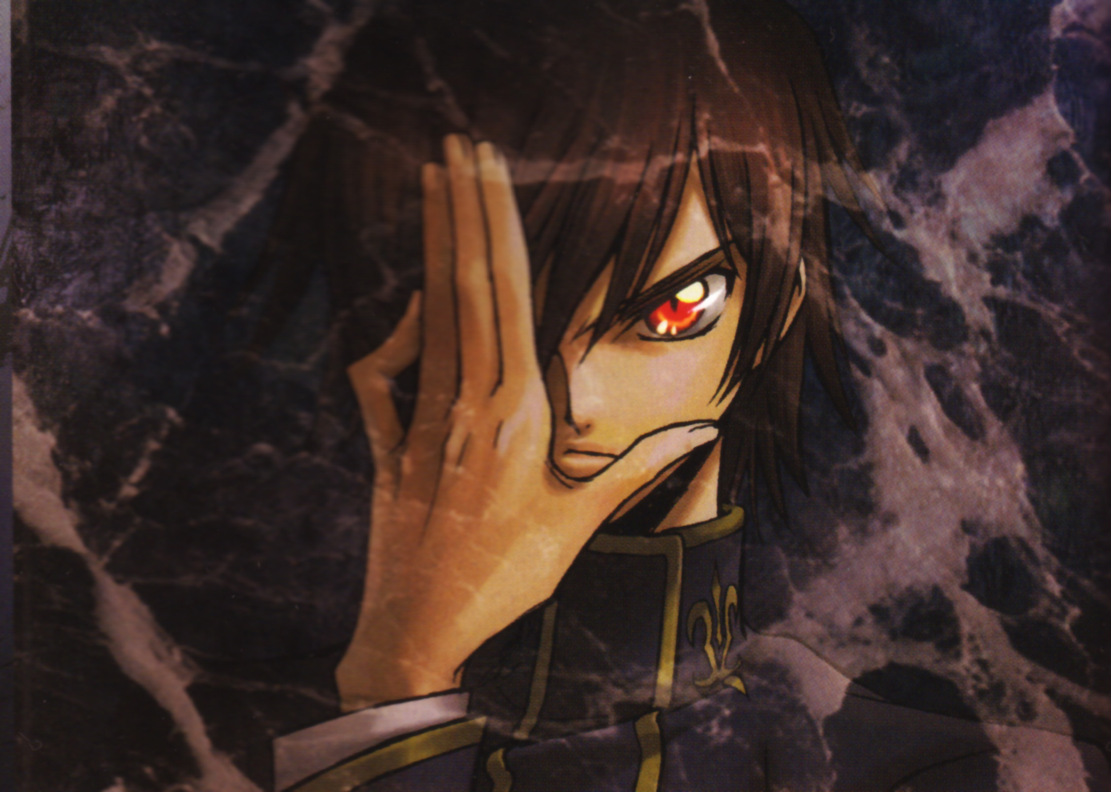 lelouch vi britannia, code geass, highres, 00s, 1boy, black hair, brown hair, covering one eye, expressionless, hair over one eye, looking at viewer, male focus, red eyes, school uniform, serafuku, solo