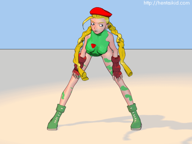 hentaikid, cammy white, capcom, street fighter, animated, animated gif, 3d, beret, blonde hair, braid, hat, leotard, solo, twin braids