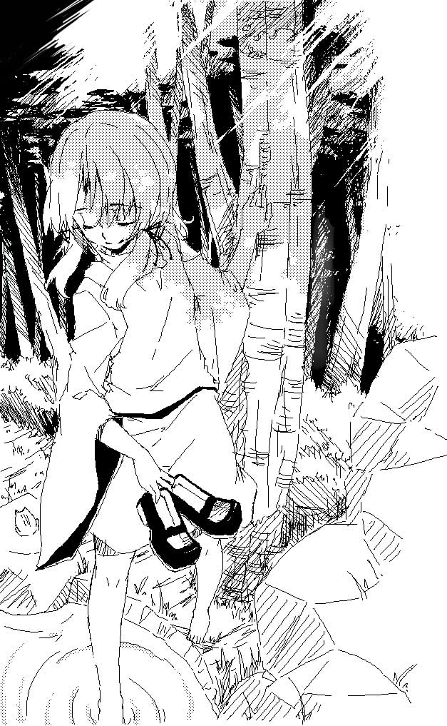 sakuraba yuuki, moriya suwako, touhou, 1girl, barefoot, closed eyes, female focus, forest, greyscale, monochrome, nature, oekaki, outdoors, plant, skirt, solo, water