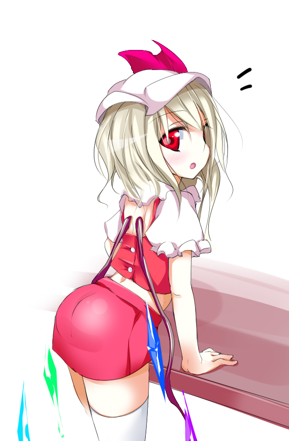 oouso, flandre scarlet, touhou, 1girl, ass, blonde hair, female focus, from side, hat, red eyes, skirt, skirt set, solo, table, thighhighs, white thighhighs, wings