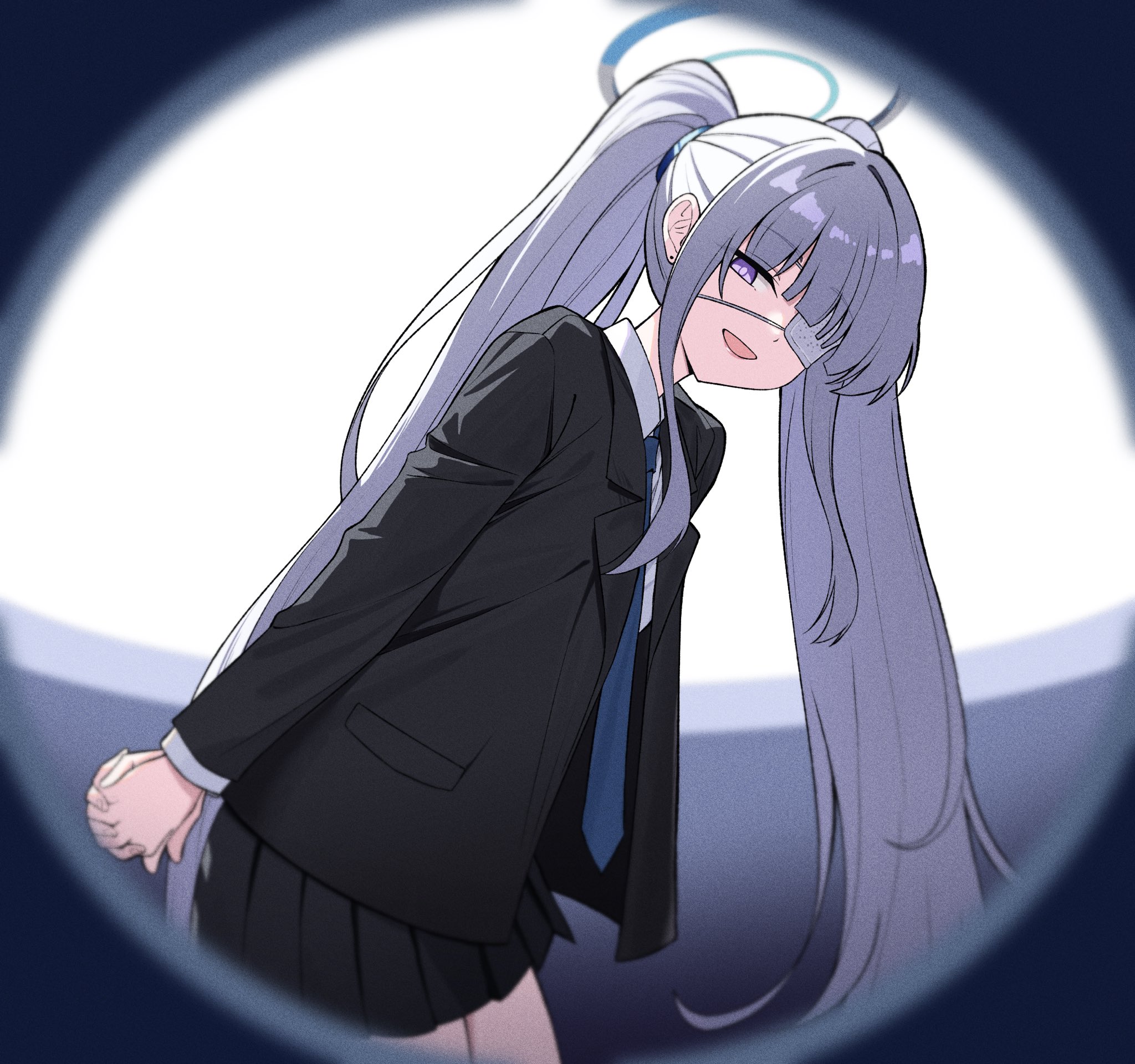 reia 76, noa (blue archive), blue archive, monitoring (vocaloid), highres, 1girl, arms behind back, black jacket, black skirt, blue necktie, collared shirt, eyepatch, grey hair, hair over one eye, halo, jacket, long hair, looking at viewer, medical eyepatch, necktie, open mouth, pleated skirt, purple eyes, shirt, skirt, solo, twintails, white halo, white shirt