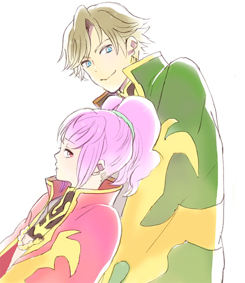 kimidori (mb4), anya alstreim, gino weinberg, code geass, bad id, bad pixiv id, 00s, 1boy, 1girl, :d, blonde hair, cape, dress, from side, long sleeves, open mouth, parted lips, pink hair, ponytail, profile, red dress, robe, smile