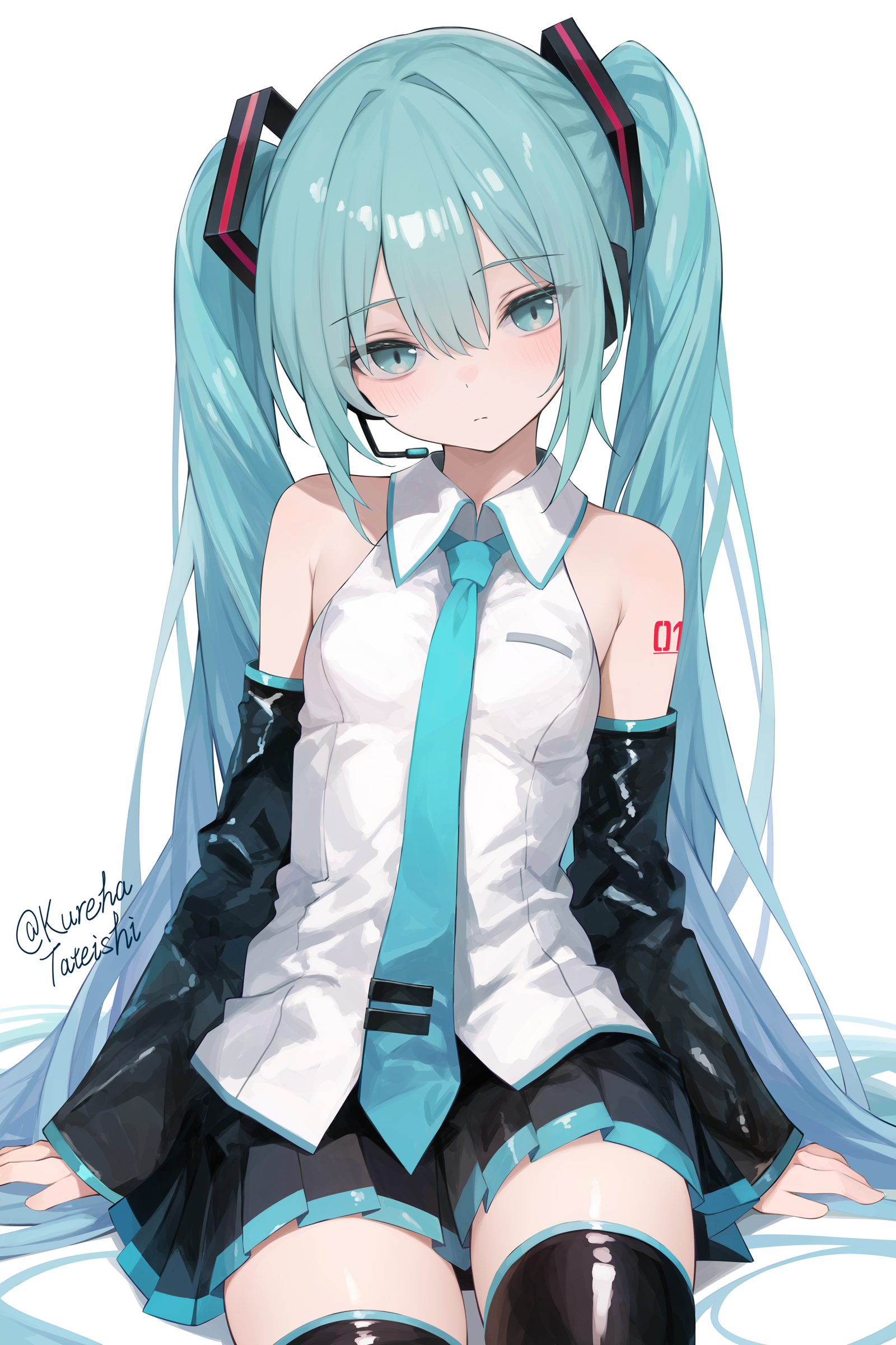 tateishi kureha, hatsune miku, vocaloid, absurdres, highres, 1girl, bare shoulders, black sleeves, black thighhighs, blue eyes, blue hair, blue necktie, blush, closed mouth, collared shirt, detached sleeves, hair between eyes, headphones, long hair, looking at viewer, microphone, necktie, number tattoo, shirt, shoulder tattoo, sidelocks, solo, tattoo, thighhighs, twintails, white shirt