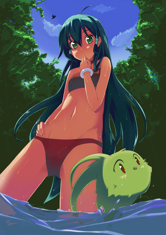 urichi, filli, jasmine (deltora quest), deltora quest, bad id, bad pixiv id, 00s, 1girl, ahoge, bandeau, bikini, dark-skinned female, dark skin, female focus, flat chest, green eyes, green hair, hand on own hip, long hair, matching hair/eyes, navel, pov, solo, strapless, swimsuit, tree, tube top, wading, water, wet