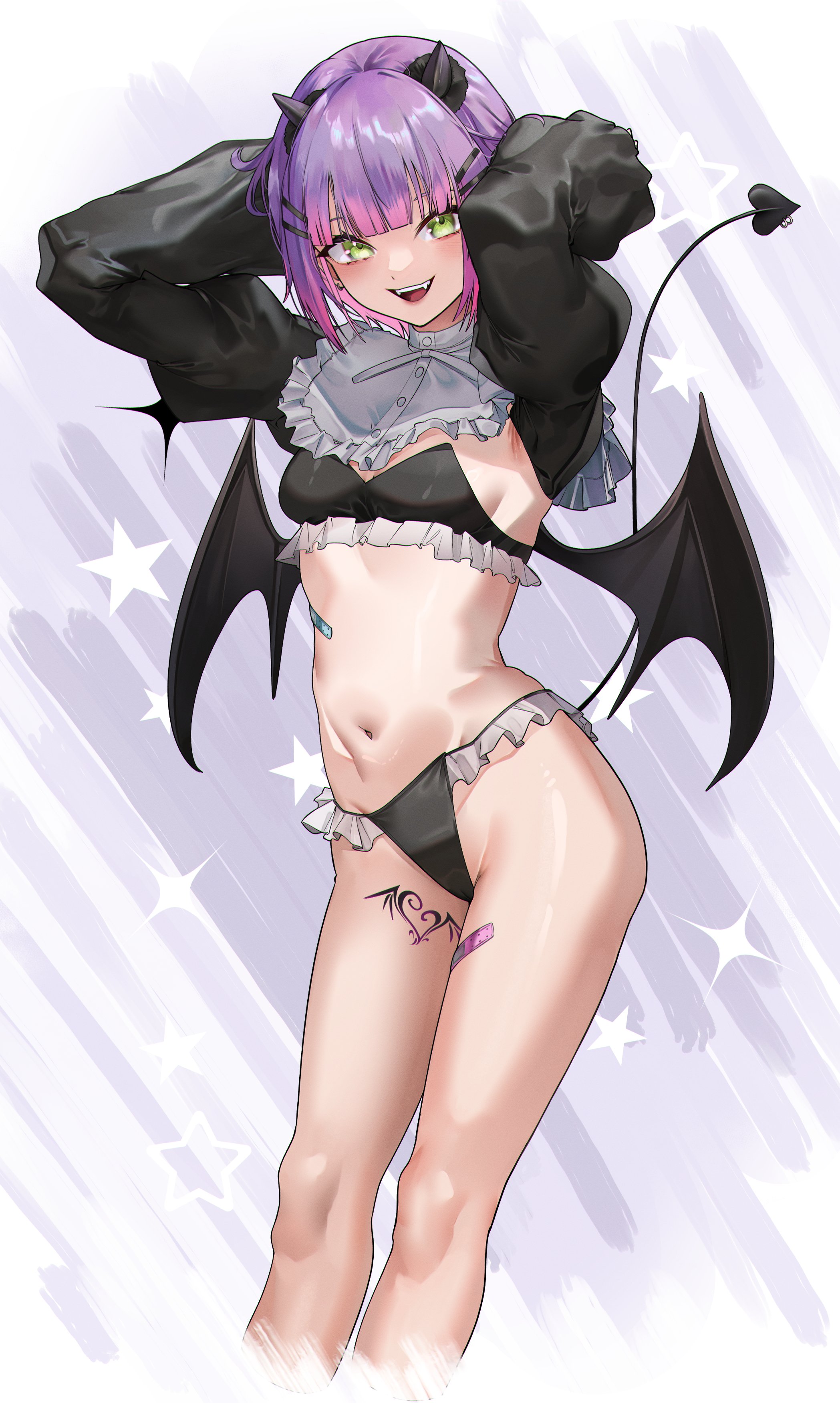 eredhen, rizu-kyun, tokoyami towa, hololive, sono bisque doll wa koi wo suru, absurdres, highres, 1girl, :d, armpit peek, arms behind head, arms up, bandaid, bandaid on leg, bib collar, black bra, black panties, black shrug, black wings, bra, breasts, cosplay, demon girl, demon horns, demon tail, demon wings, fangs, frilled bra, frilled panties, frilled shirt collar, frills, gradient hair, green eyes, hair ornament, hairclip, horns, juliet sleeves, leg tattoo, long sleeves, looking at viewer, medium breasts, multicolored hair, navel, open mouth, panties, parallel hairclips, piercing, pink hair, puffy sleeves, purple hair, rizu-kyun (cosplay), shrug (clothing), sidelocks, smile, solo, stomach, tail, tail ornament, tail piercing, tattoo, teeth, underwear, upper teeth only, virtual youtuber, winged heart, winged heart tattoo, wings