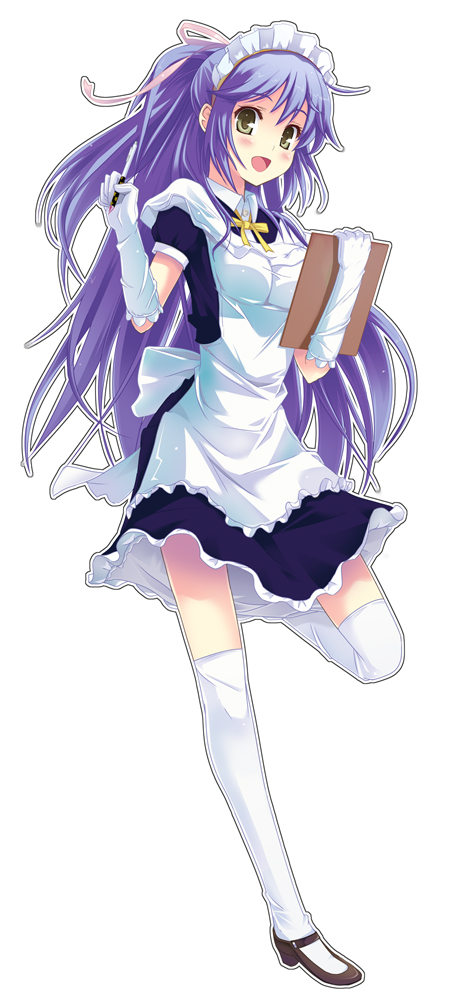 urichi, bad id, bad pixiv id, blush, elbow gloves, gloves, green eyes, long hair, maid, purple hair, smile, thighhighs, waitress