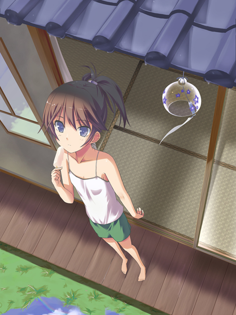 urichi, original, bad id, bad pixiv id, 1girl, barefoot, blue eyes, brown hair, camisole, feet, female focus, flat chest, food, from above, ponytail, popsicle, pov, shorts, solo, veranda, wind chime