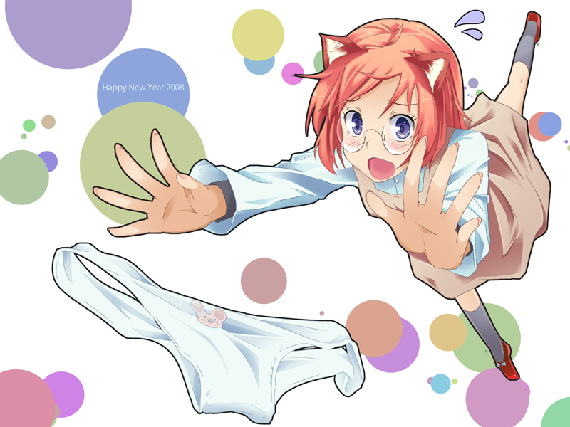 urichi, bad id, bad pixiv id, animal ears, blush, dress, falling, glasses, panties, pink hair, print panties, purple eyes, short hair, solo, tripping, underwear